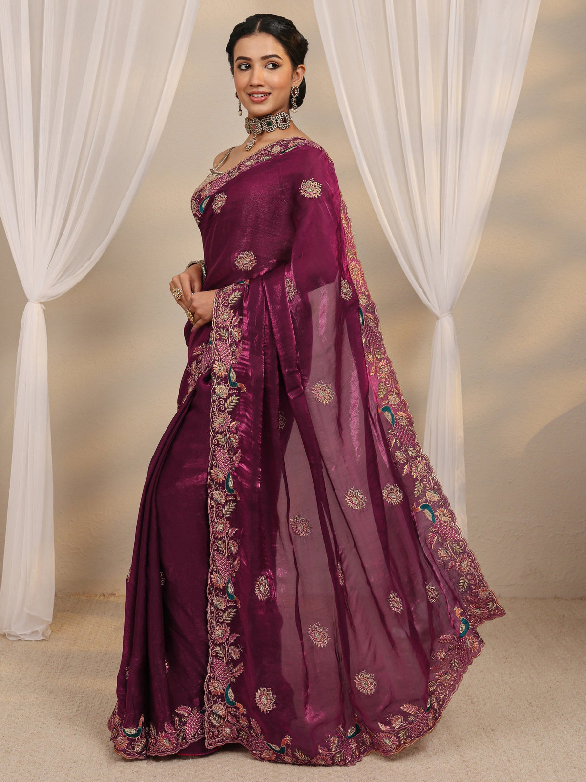 Anouk Wine Ethnic Embroidered Tissue Saree With Unstitched Blouse Piece