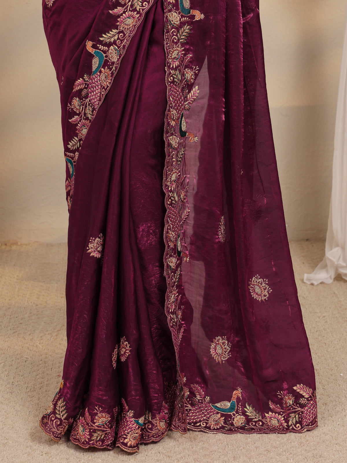 Anouk Wine Ethnic Embroidered Tissue Saree With Unstitched Blouse Piece