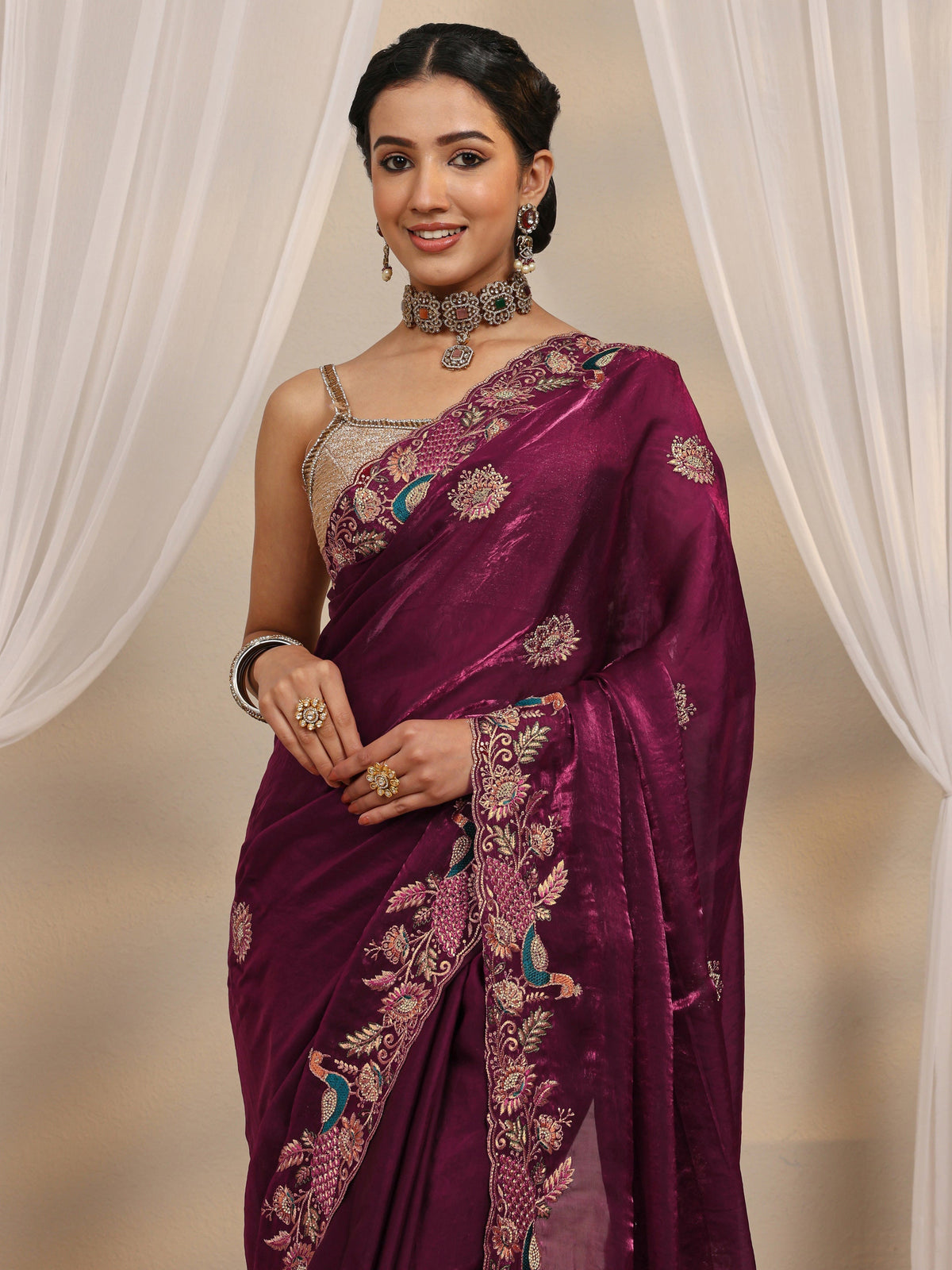 Anouk Wine Ethnic Embroidered Tissue Saree With Unstitched Blouse Piece