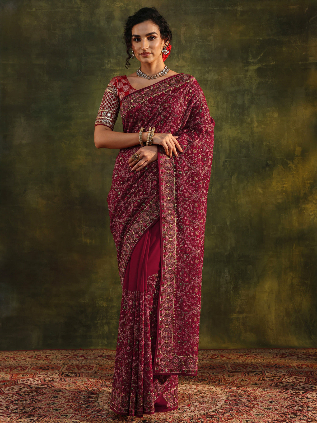 Anouk Art Red Jamawar Embroidered Georgette Saree With Unstitched Blouse Piece