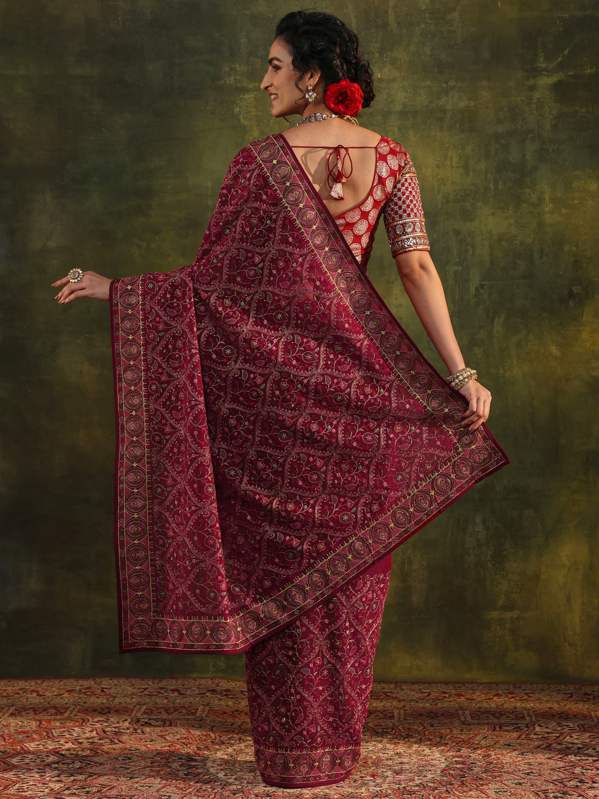 Anouk Art Red Jamawar Embroidered Georgette Saree With Unstitched Blouse Piece