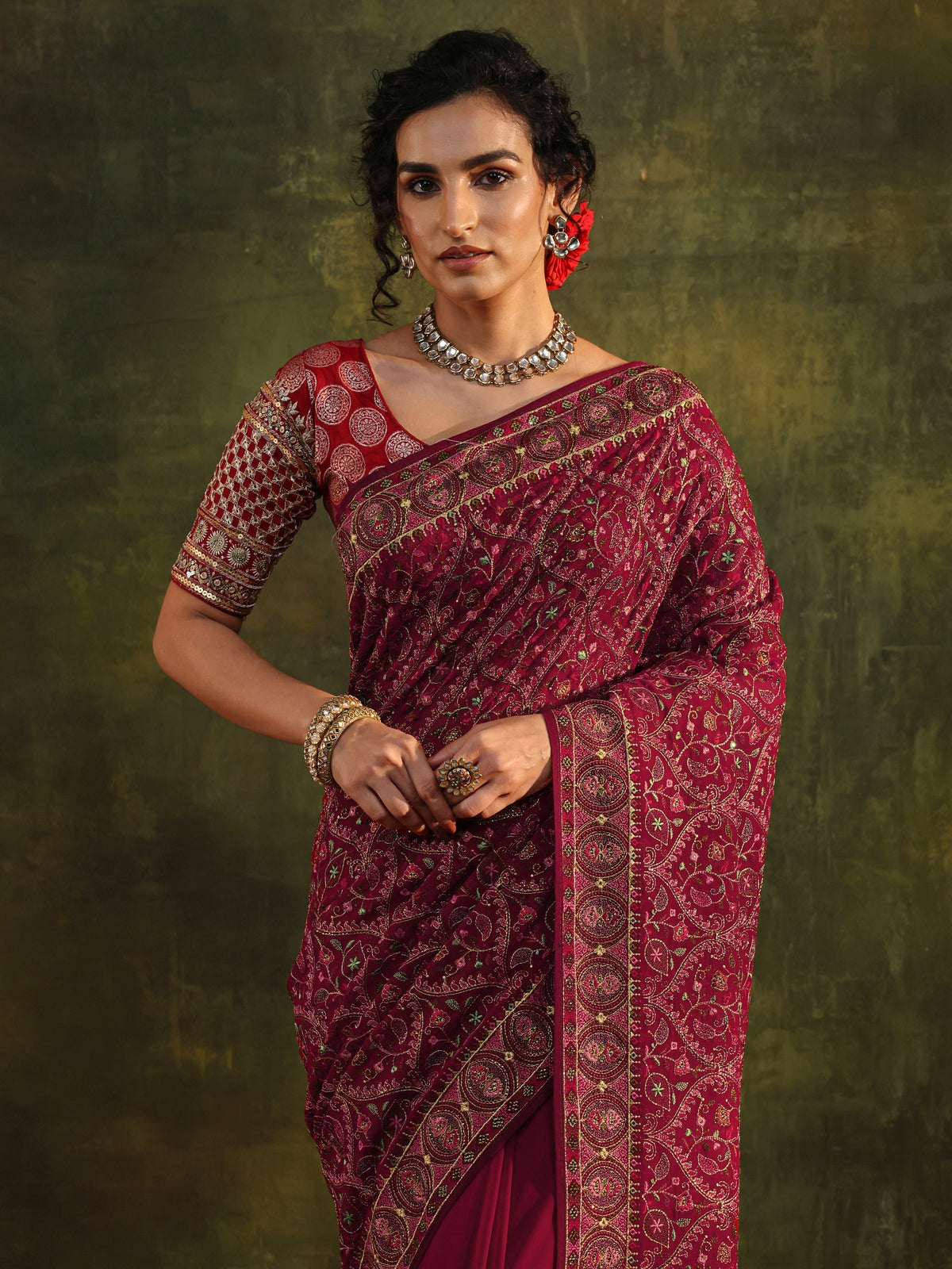 Anouk Art Red Jamawar Embroidered Georgette Saree With Unstitched Blouse Piece