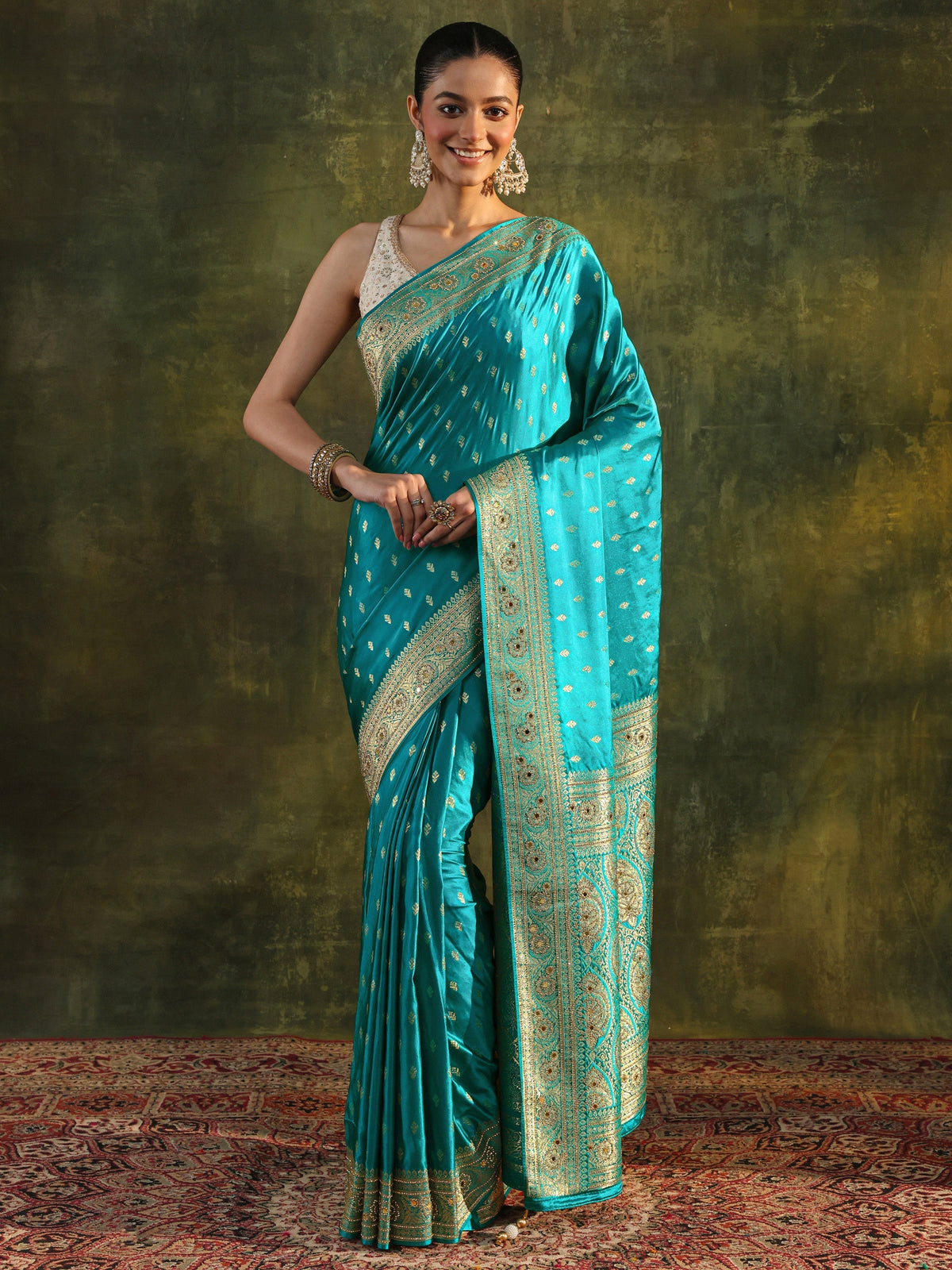 Anouk Art Blue Woven Design Satin Banarasi Saree With Unstitched Blouse Piece