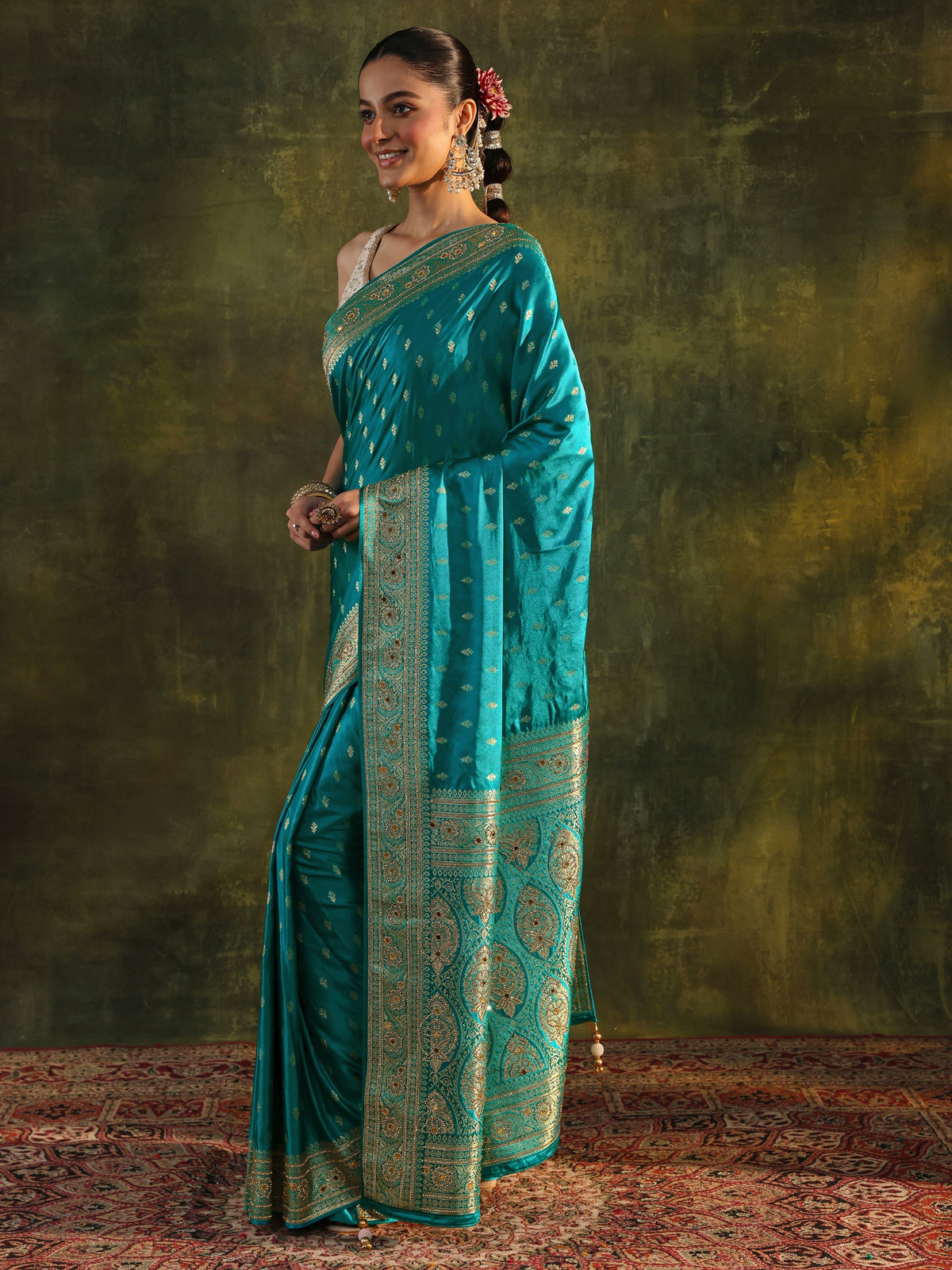 Anouk Art Blue Woven Design Satin Banarasi Saree With Unstitched Blouse Piece