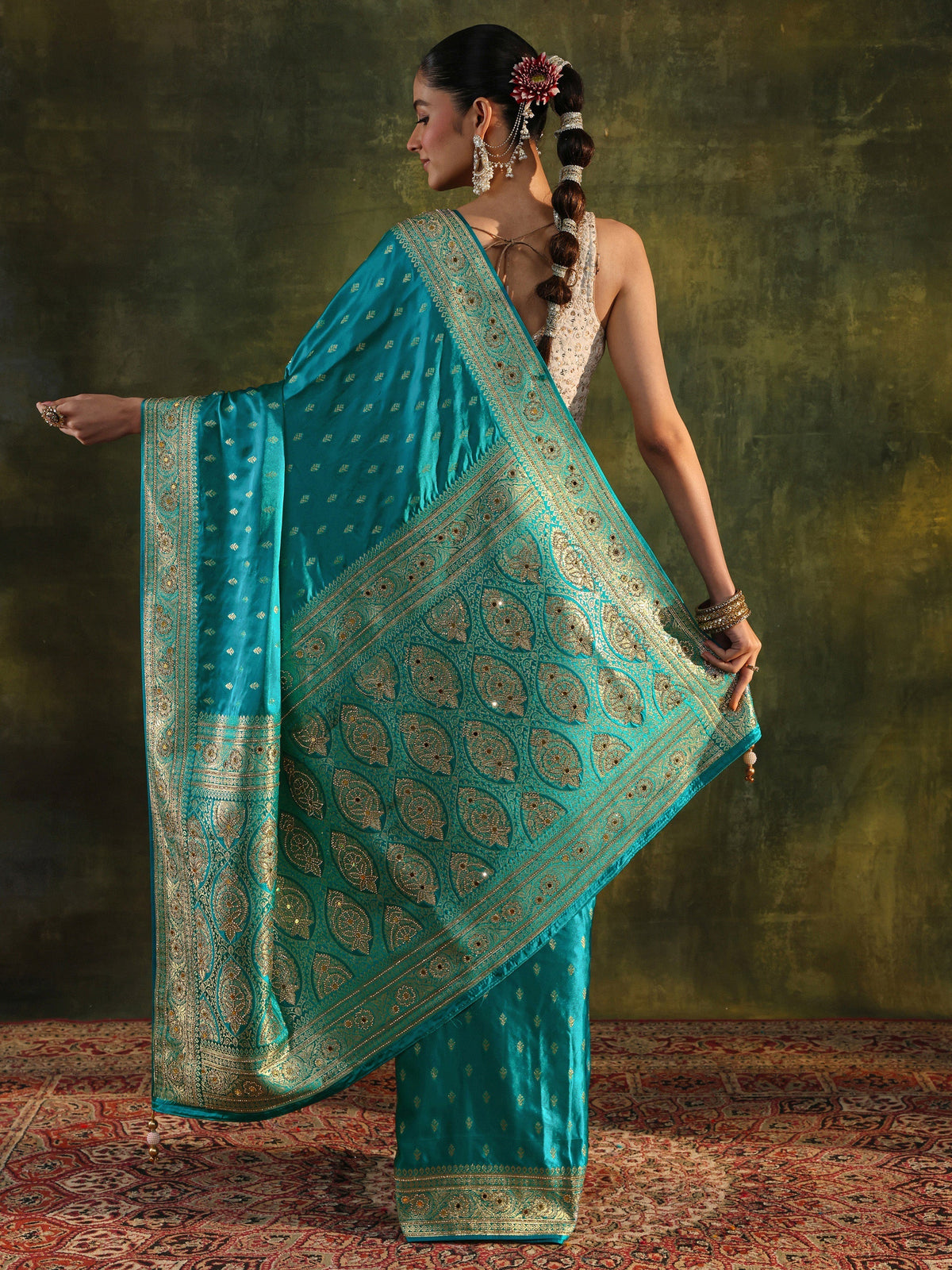 Anouk Art Blue Woven Design Satin Banarasi Saree With Unstitched Blouse Piece