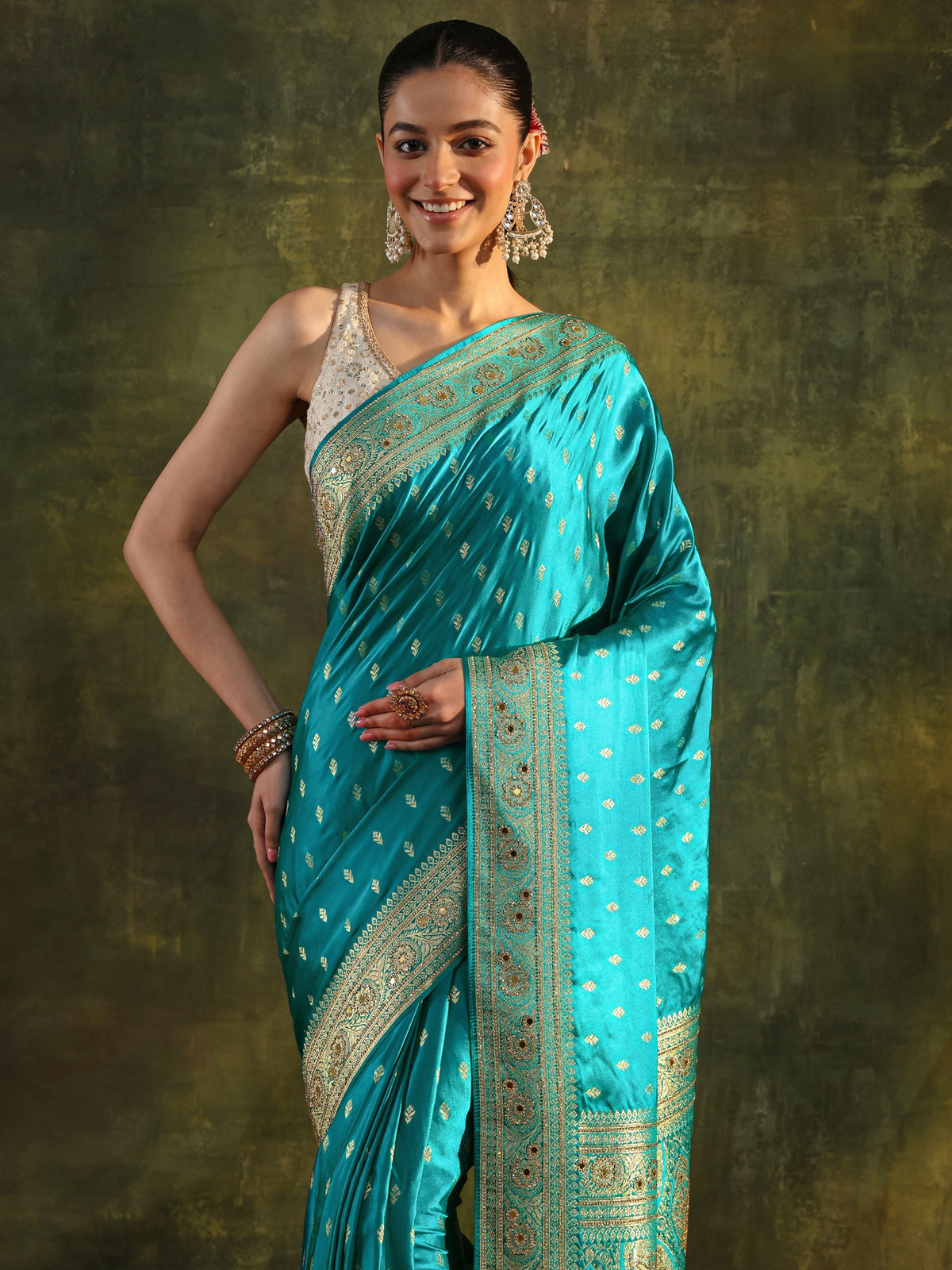 Anouk Art Blue Woven Design Satin Banarasi Saree With Unstitched Blouse Piece