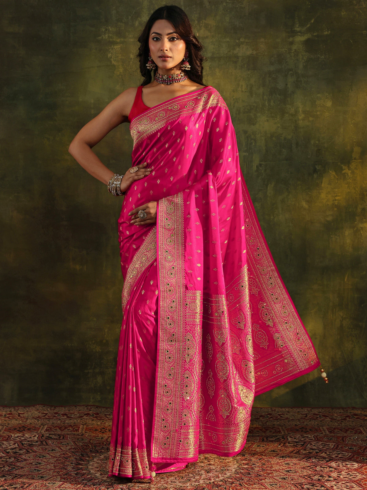 Anouk Art Pink Embellished Satin Saree With Unstitched Blouse Piece