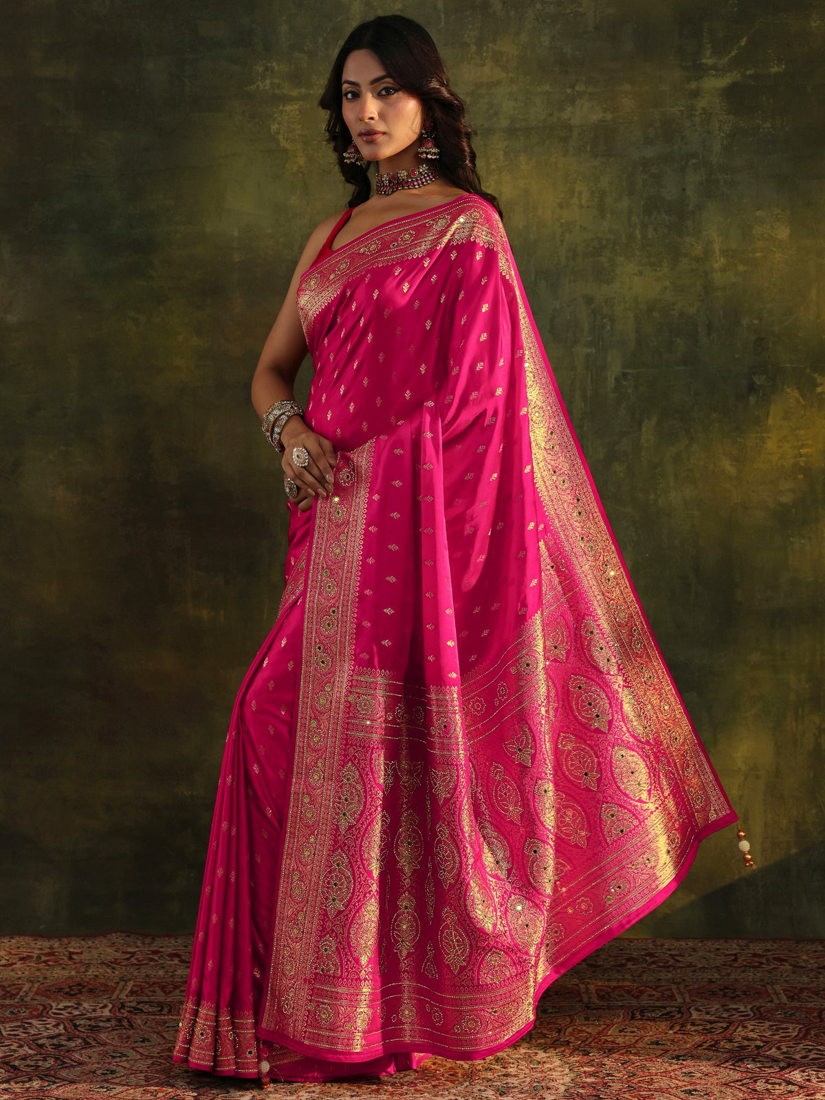 Anouk Art Pink Embellished Satin Saree With Unstitched Blouse Piece