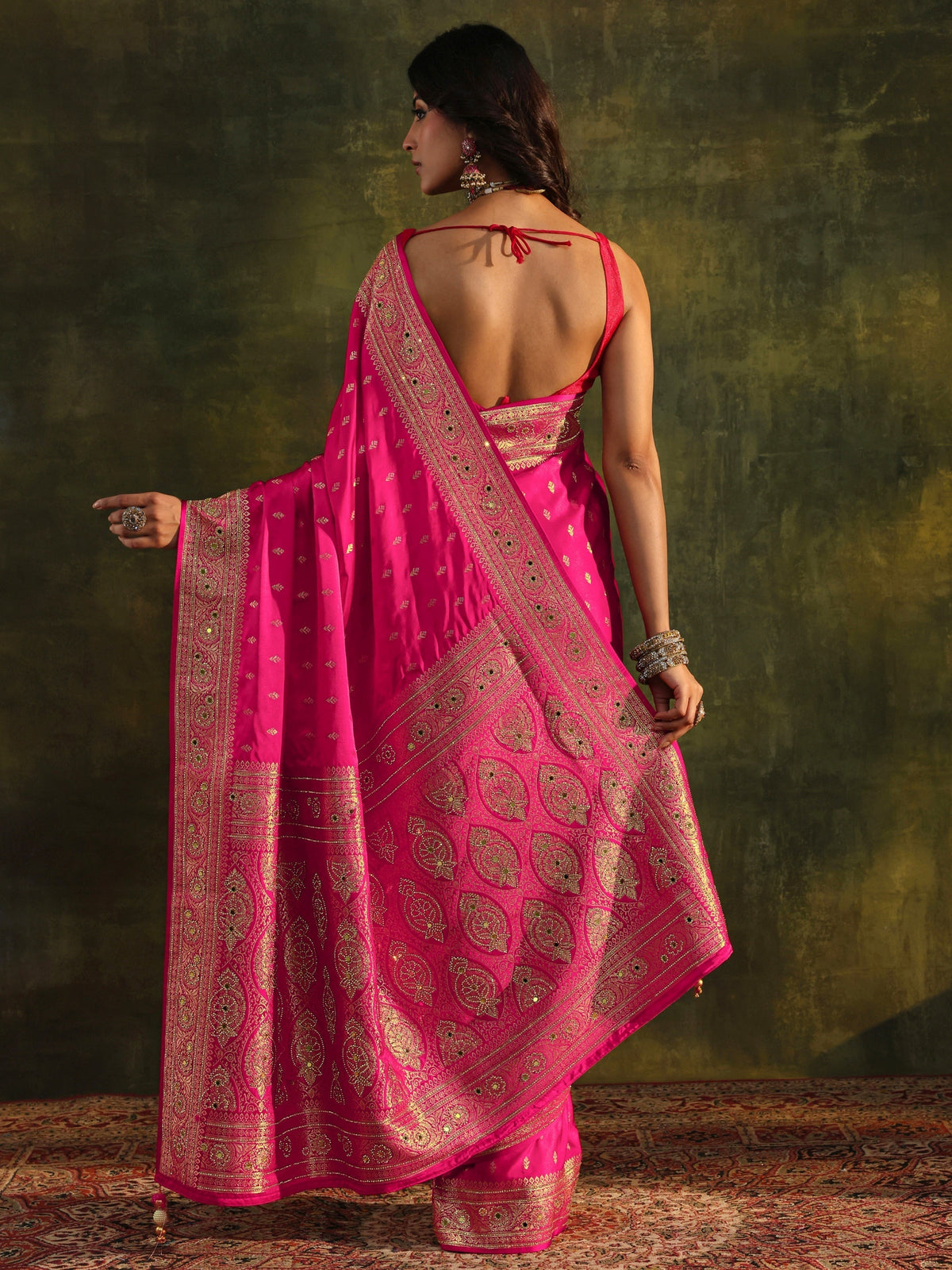 Anouk Art Pink Embellished Satin Saree With Unstitched Blouse Piece