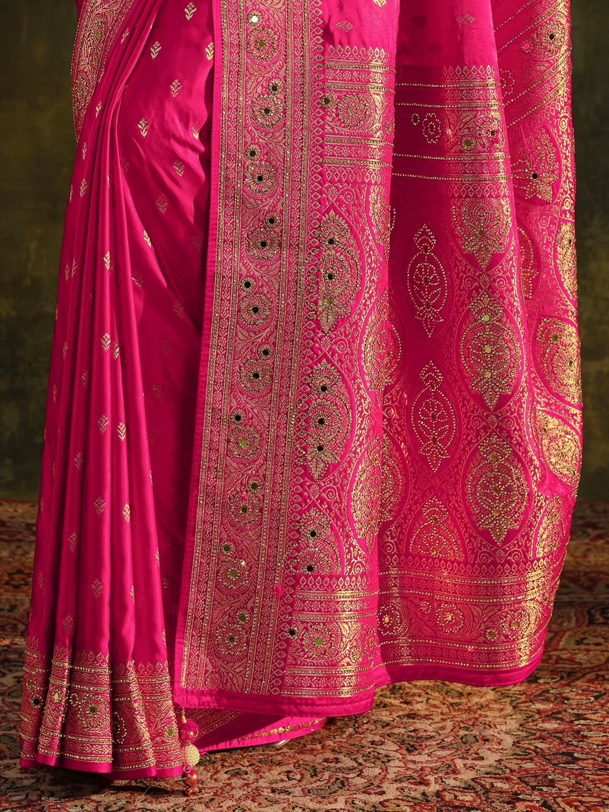 Anouk Art Pink Embellished Satin Saree With Unstitched Blouse Piece