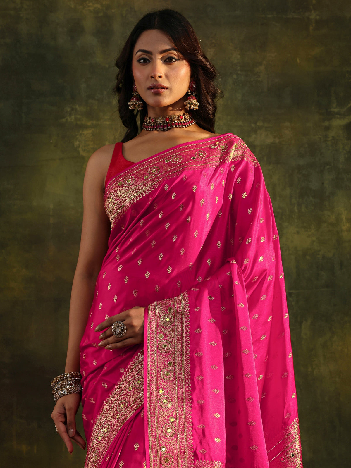 Anouk Art Pink Embellished Satin Saree With Unstitched Blouse Piece