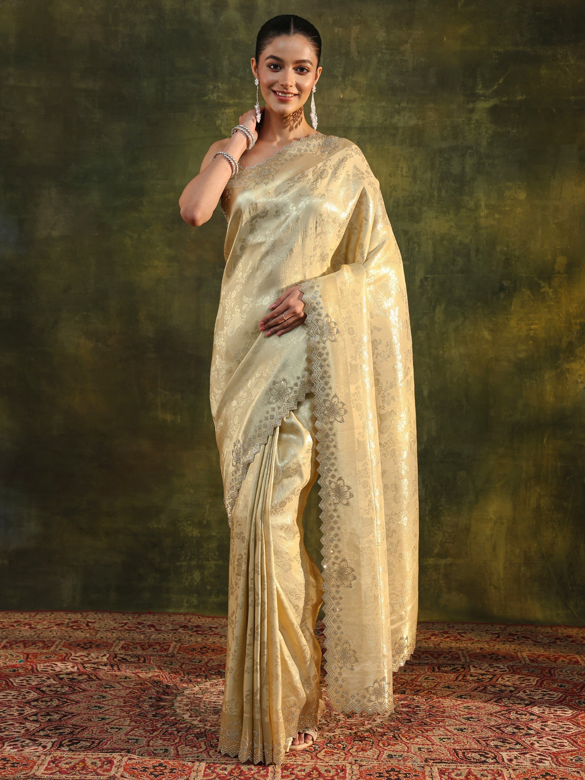 Anouk Gold Floral Embellished Silk Blend Saree With Unstitched Blouse Piece