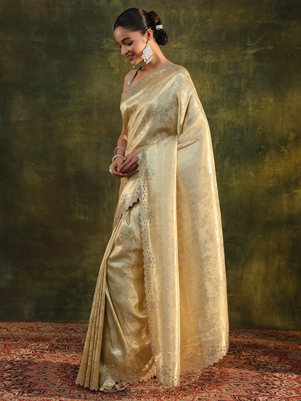 Anouk Gold Floral Embellished Silk Blend Saree With Unstitched Blouse Piece