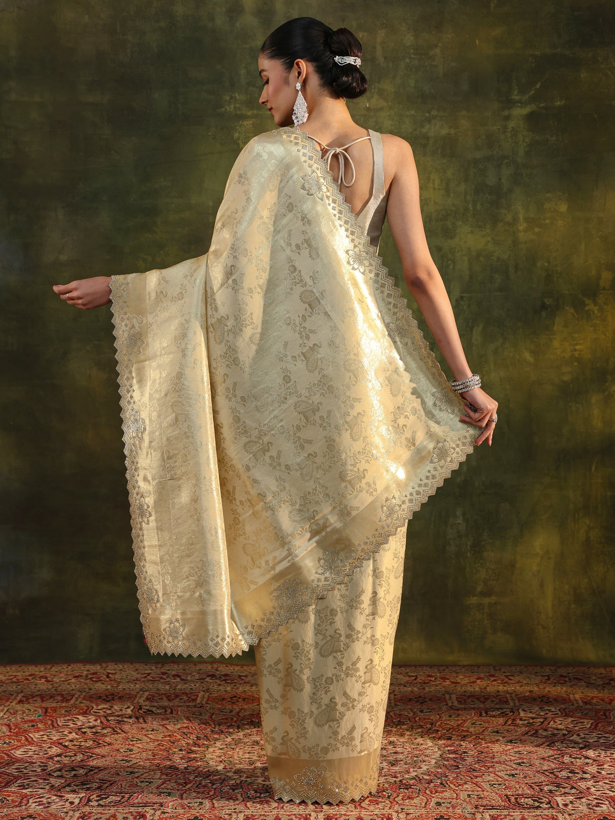 Anouk Gold Floral Embellished Silk Blend Saree With Unstitched Blouse Piece