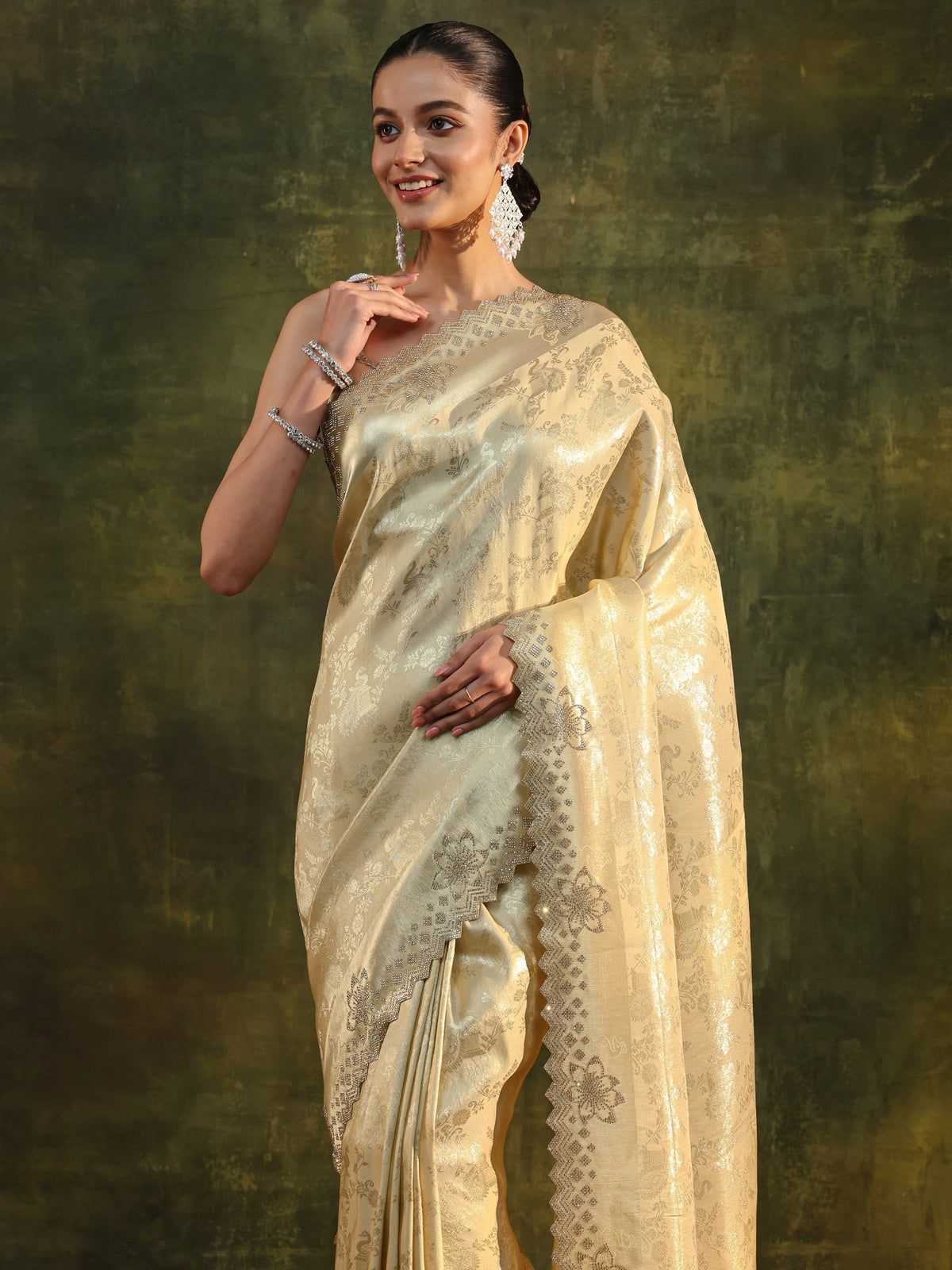 Anouk Gold Floral Embellished Silk Blend Saree With Unstitched Blouse Piece
