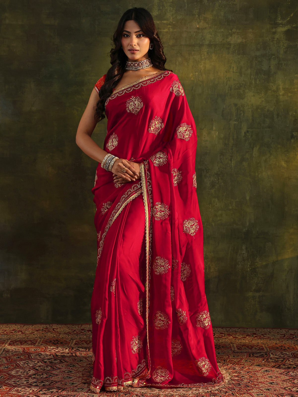 Anouk Red Embellished Satin Saree With Unstitched Blouse Piece