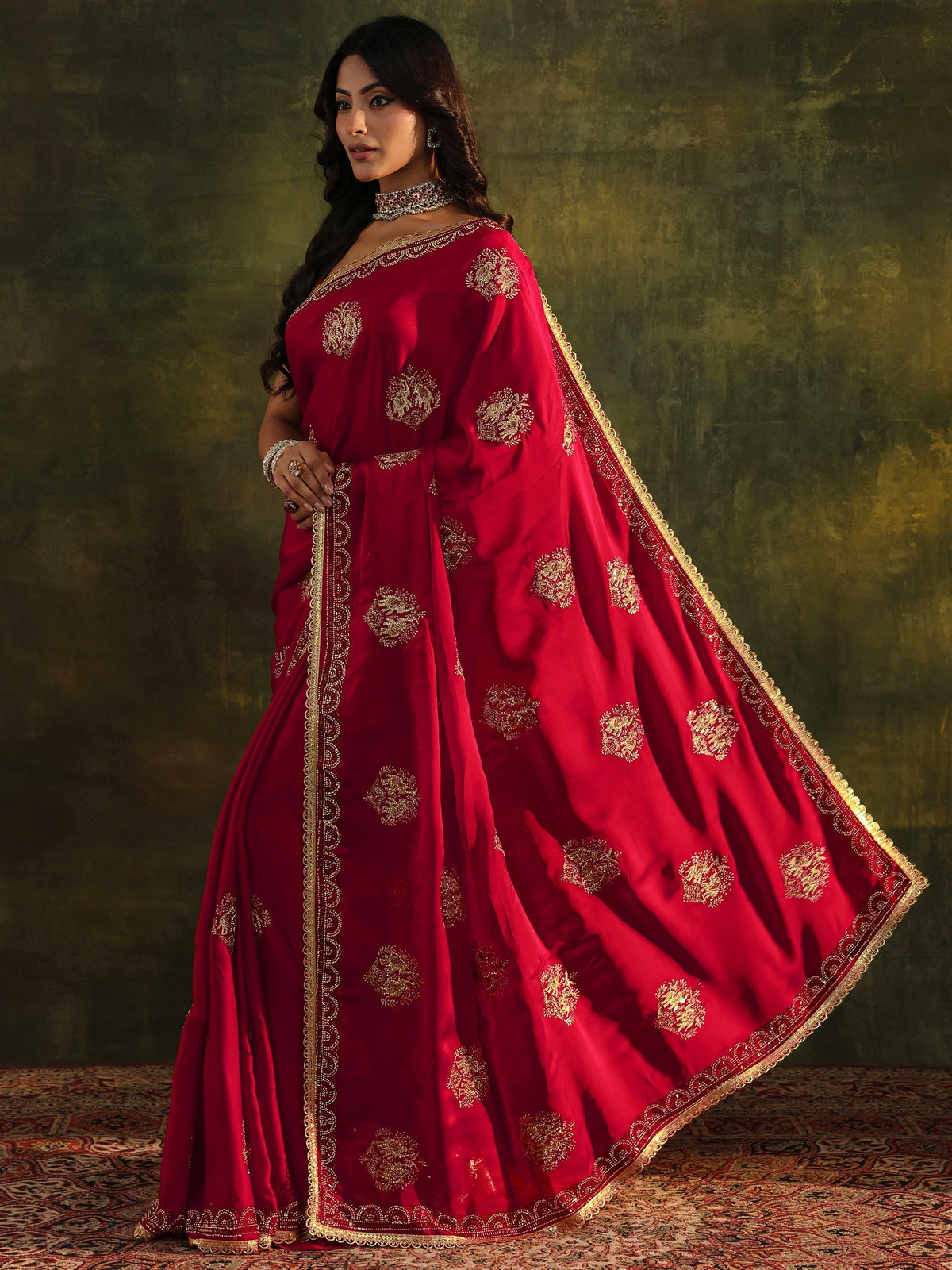 Anouk Red Embellished Satin Saree With Unstitched Blouse Piece