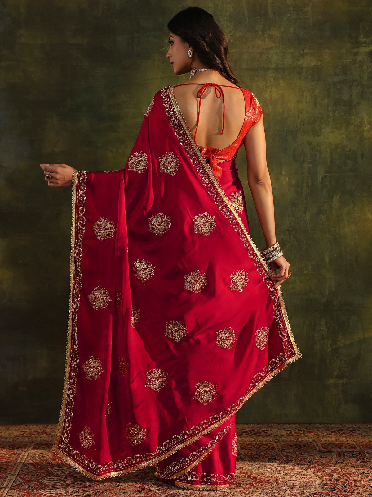 Anouk Red Embellished Satin Saree With Unstitched Blouse Piece