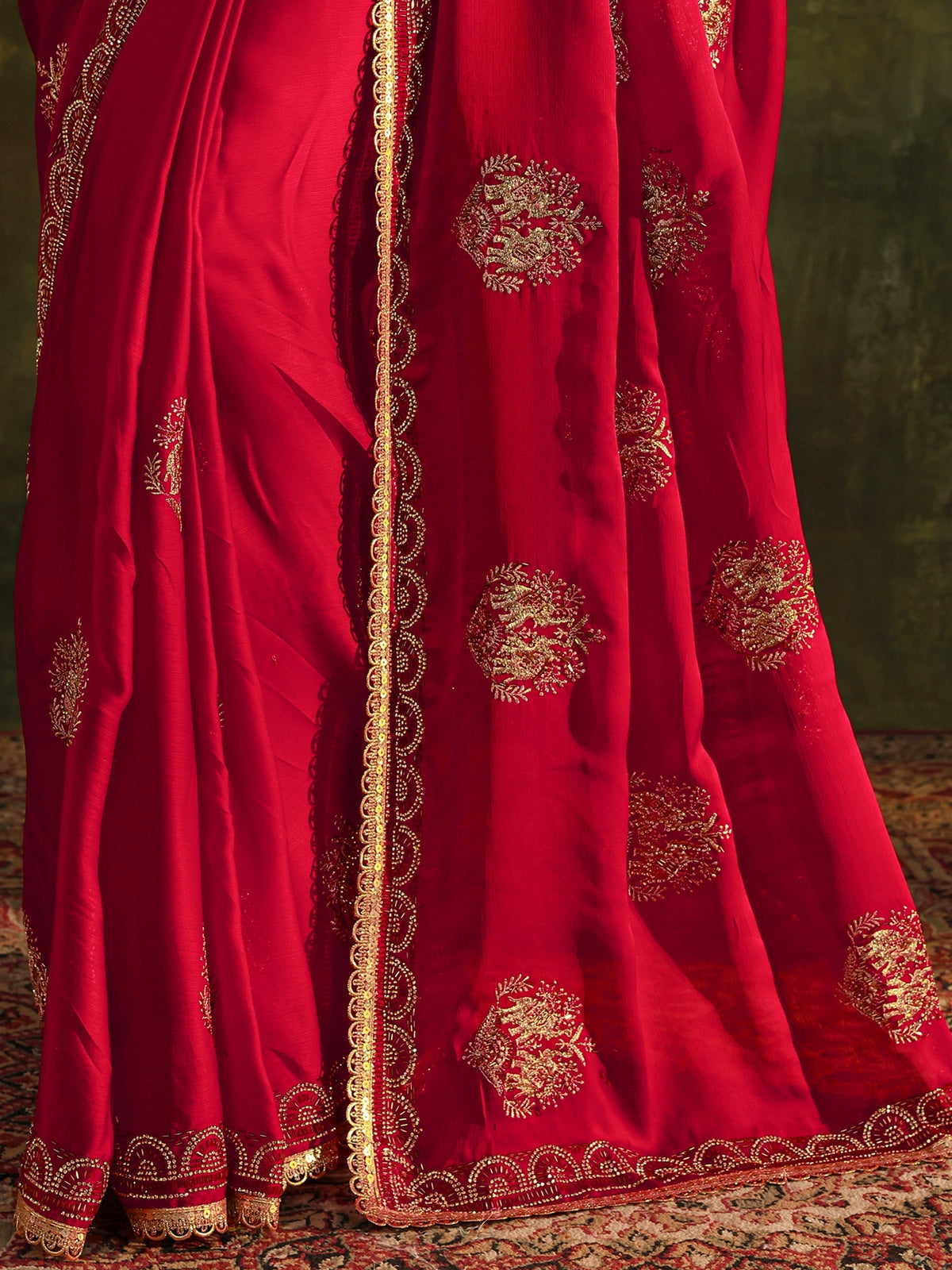 Anouk Red Embellished Satin Saree With Unstitched Blouse Piece