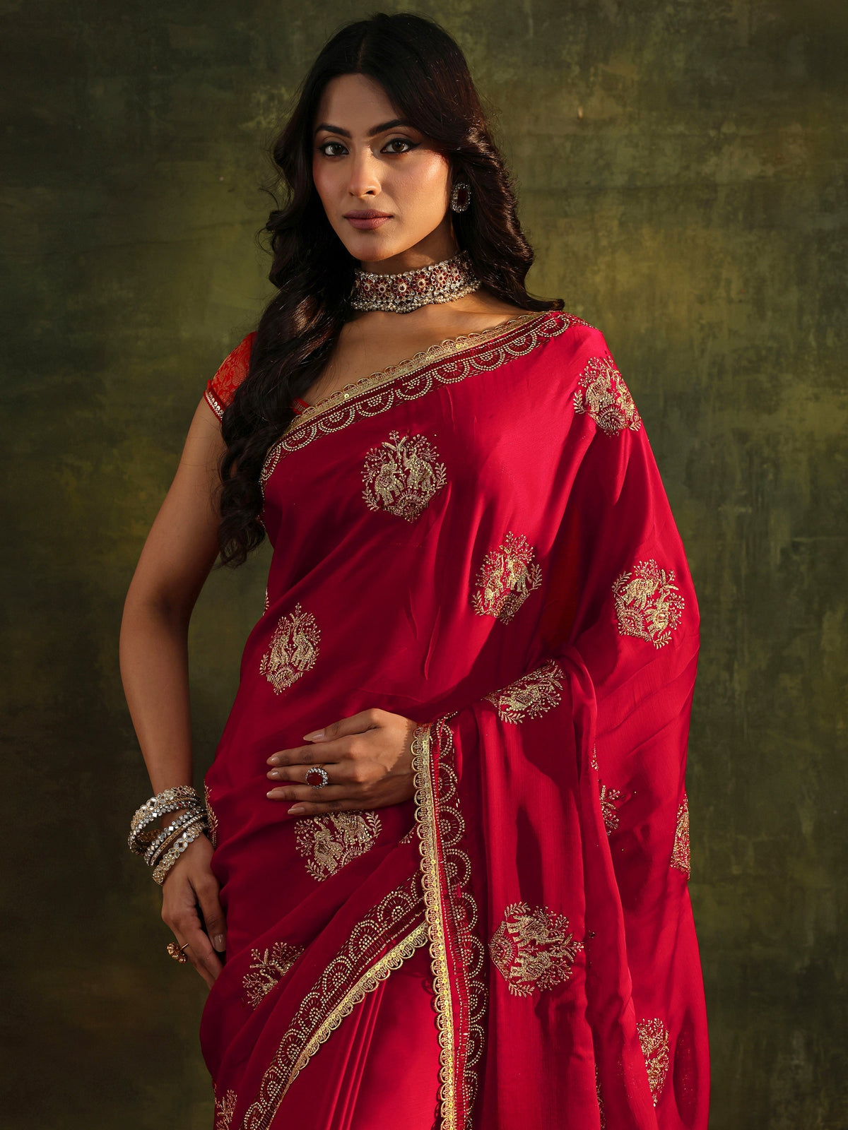 Anouk Red Embellished Satin Saree With Unstitched Blouse Piece