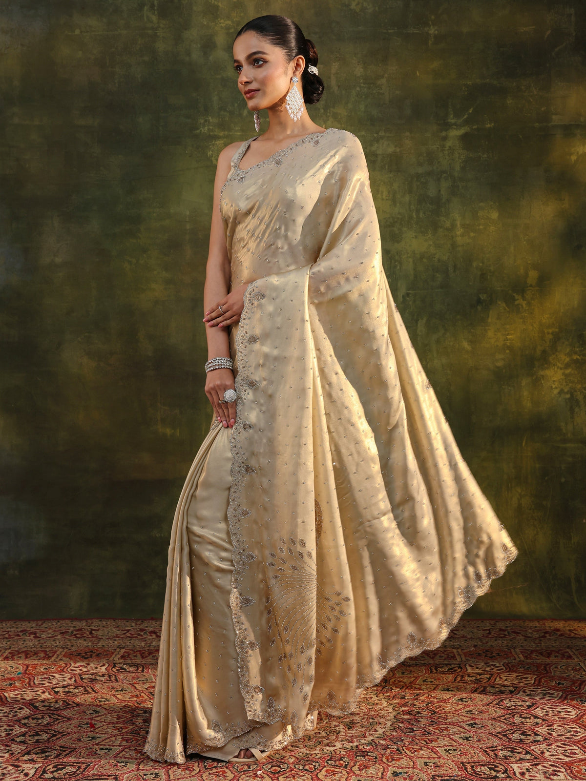 Anouk Art Ivory Embellished Silk Blend Saree With Unstitched Blouse Piece