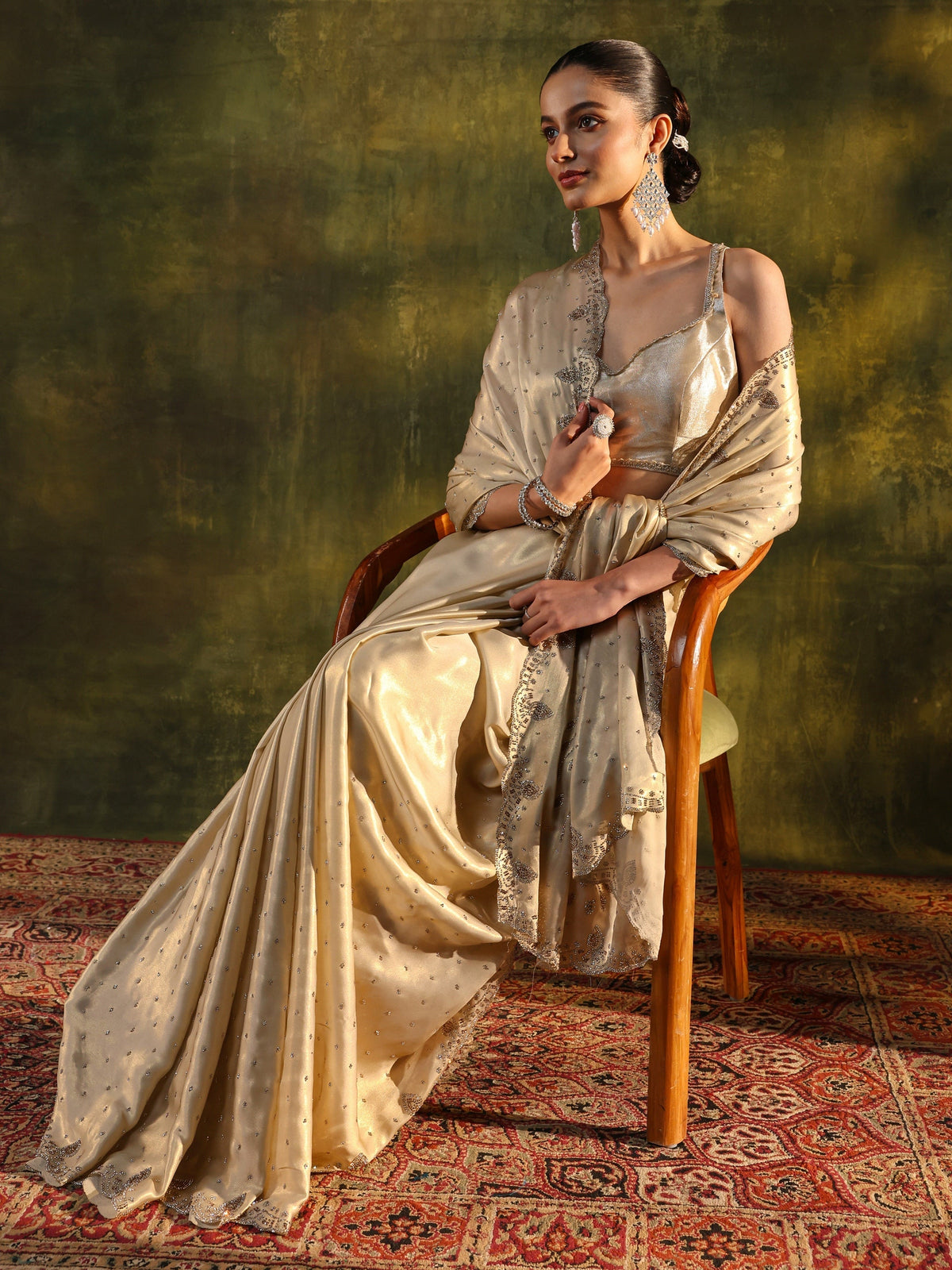 Anouk Art Ivory Embellished Silk Blend Saree With Unstitched Blouse Piece