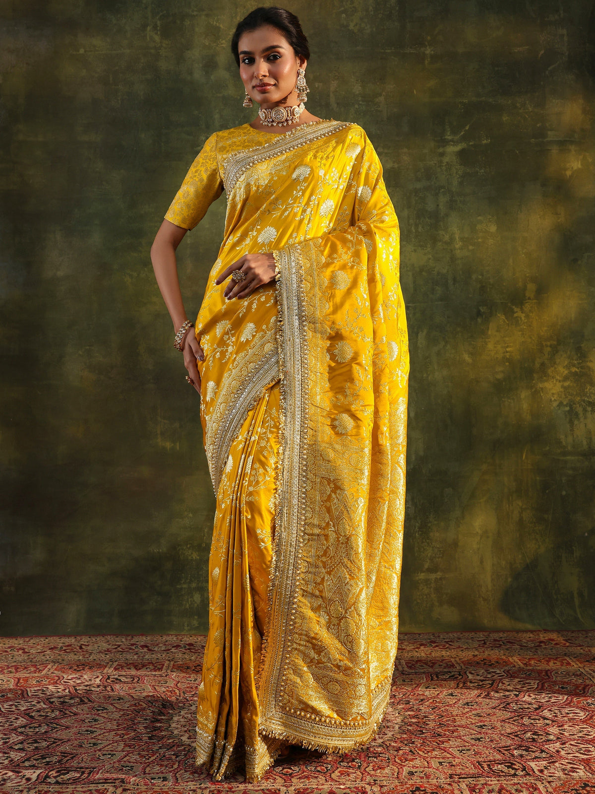 Anouk Art Mustard Embellished Woven Design Silk Saree With Unstitched Blouse Piece