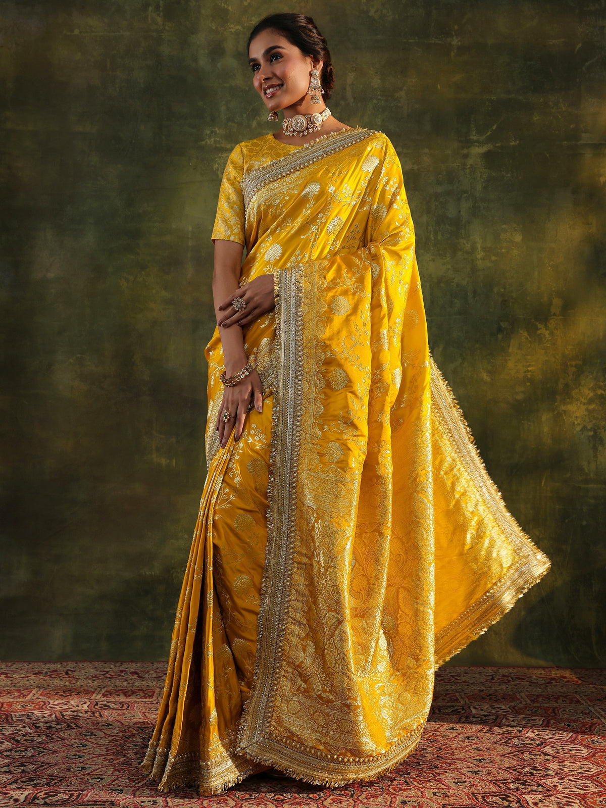 Anouk Art Mustard Embellished Woven Design Silk Saree With Unstitched Blouse Piece