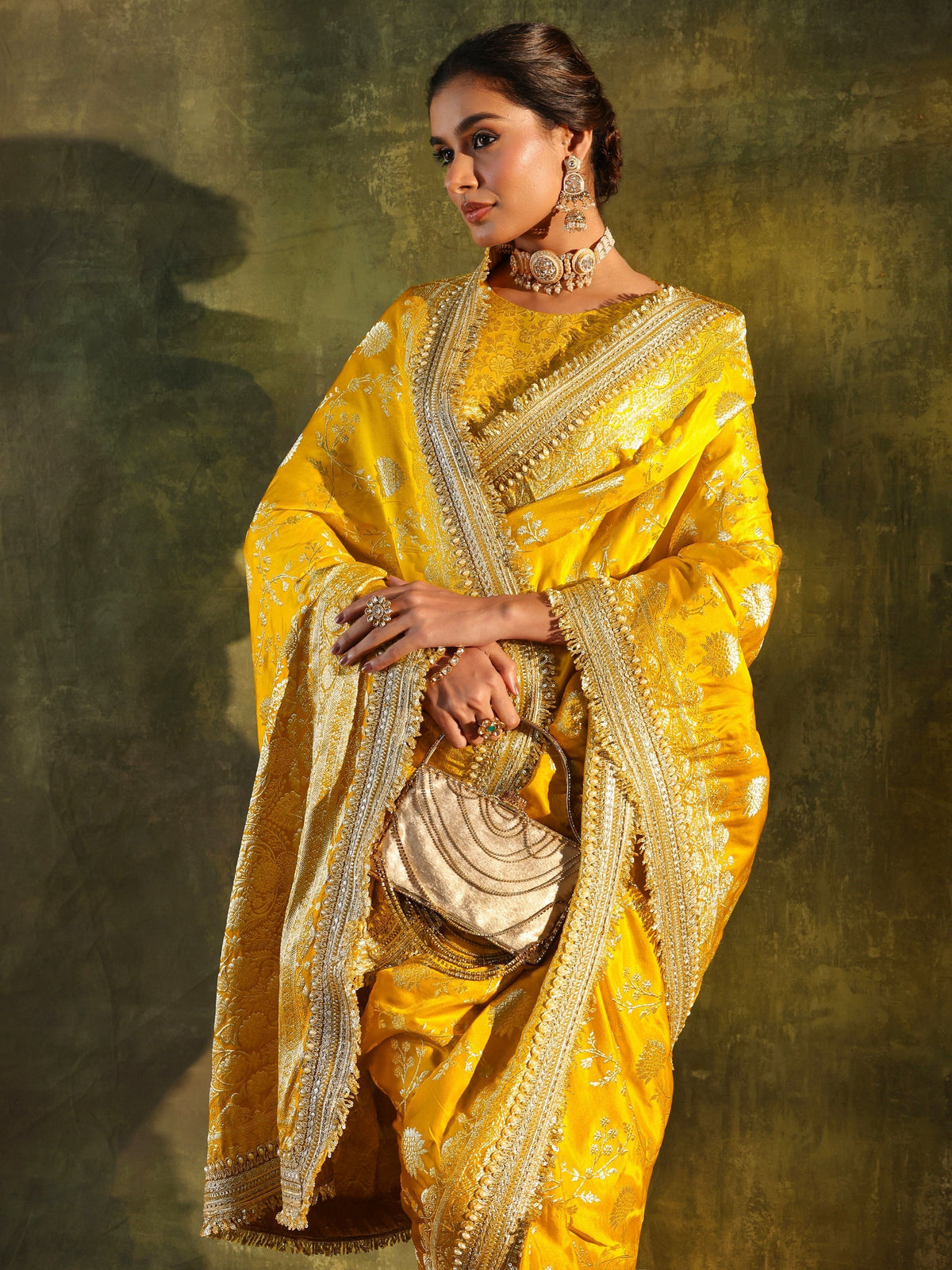 Anouk Art Mustard Embellished Woven Design Silk Saree With Unstitched Blouse Piece