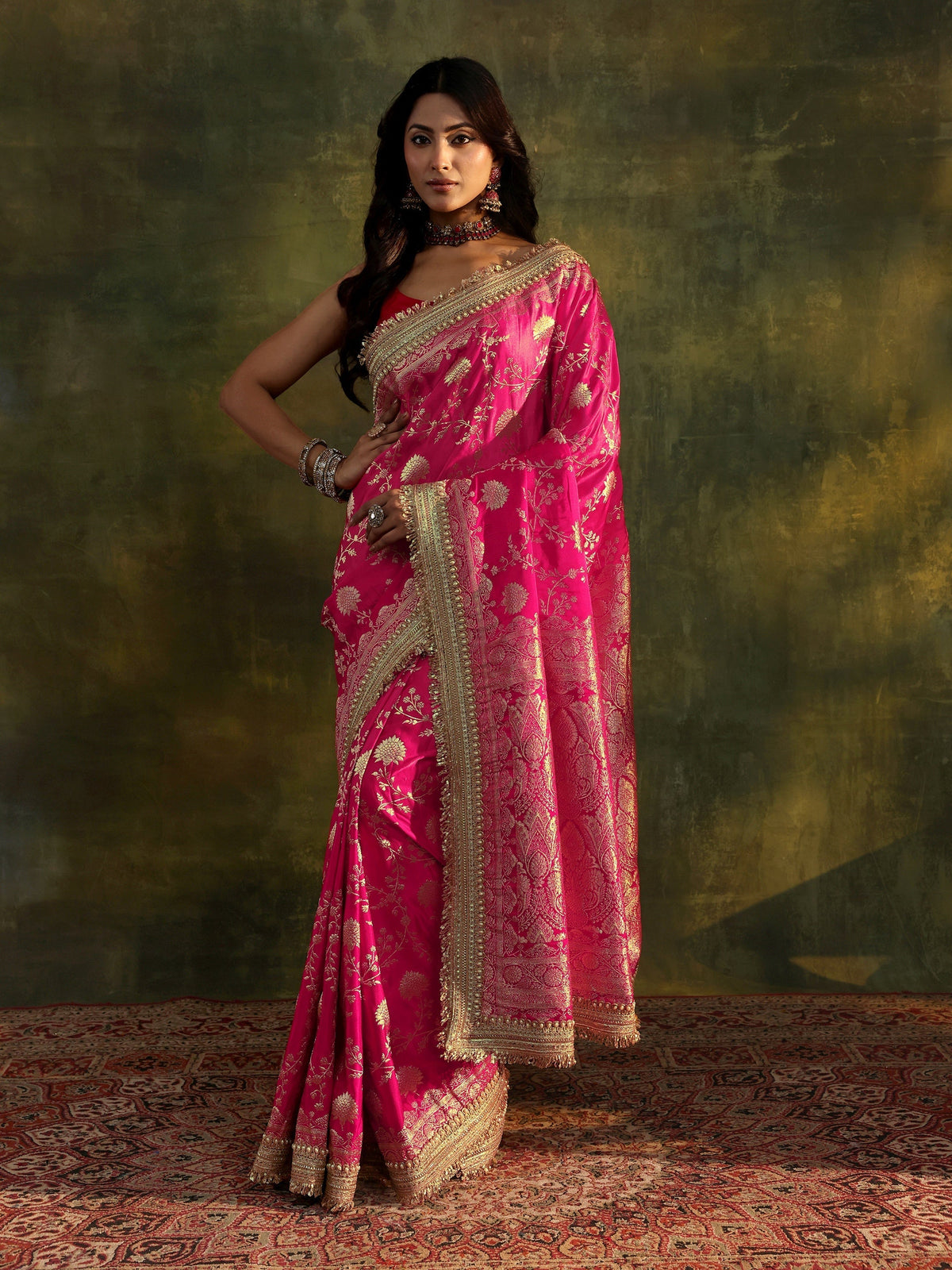 Anouk Art Pink Banarasi Silk Saree With Unstitched Blouse Piece