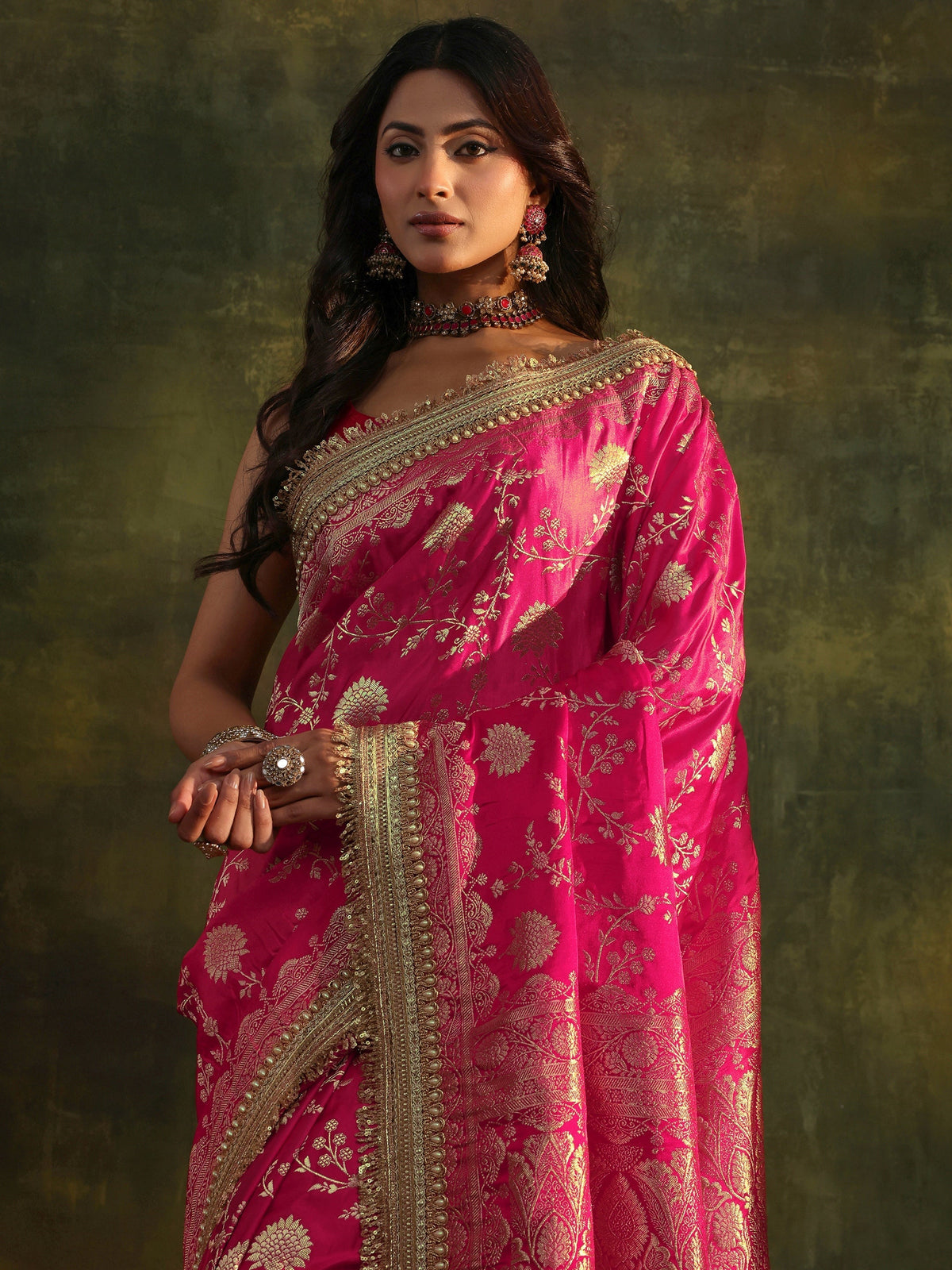 Anouk Art Pink Banarasi Silk Saree With Unstitched Blouse Piece