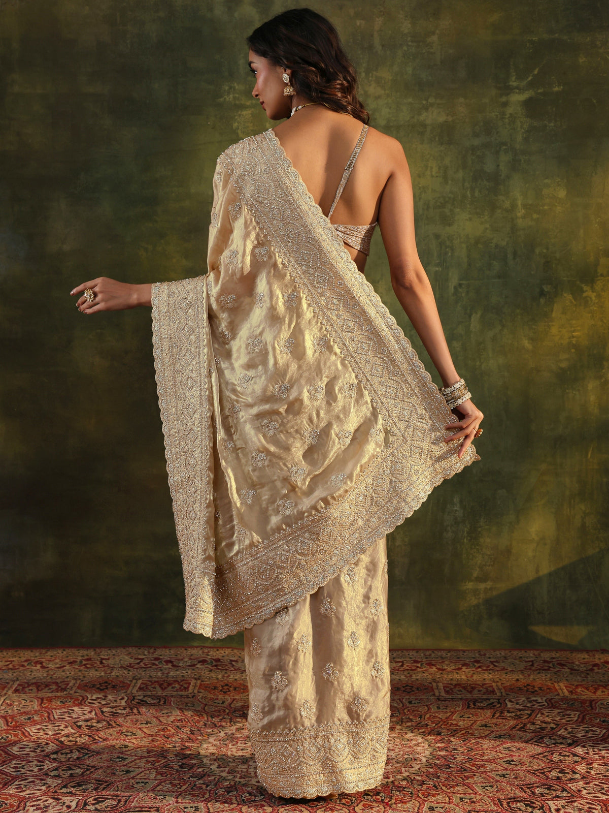 Anouk Art Beige Embellished Tissue Saree With Unstitched Blouse Piece