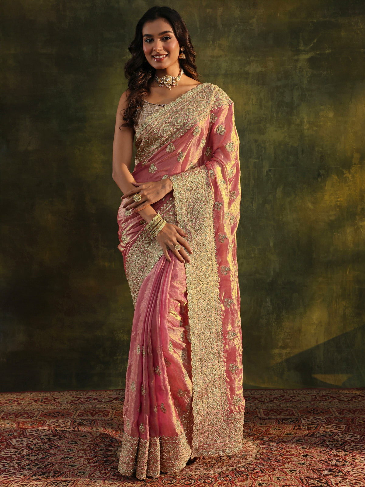 Anouk Art Peach Embellished Tissue Saree With Unstitched Blouse Piece