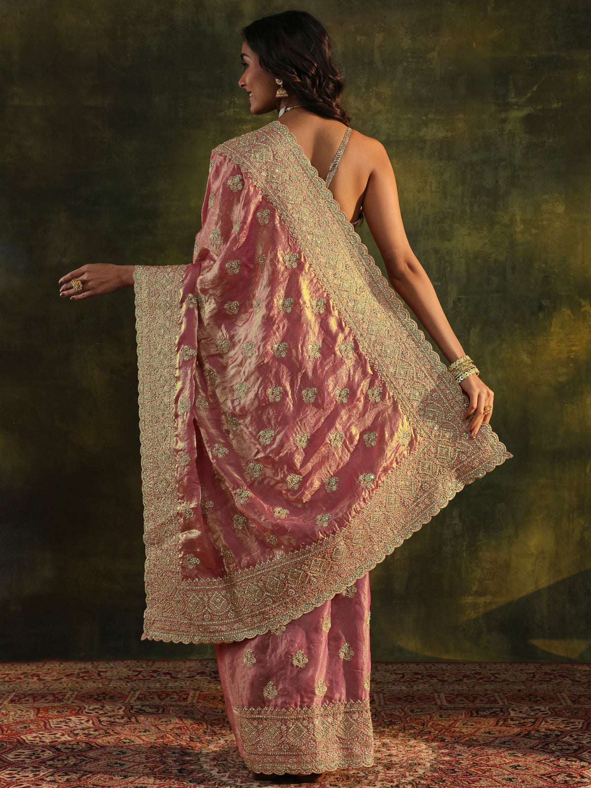 Anouk Art Peach Embellished Tissue Saree With Unstitched Blouse Piece