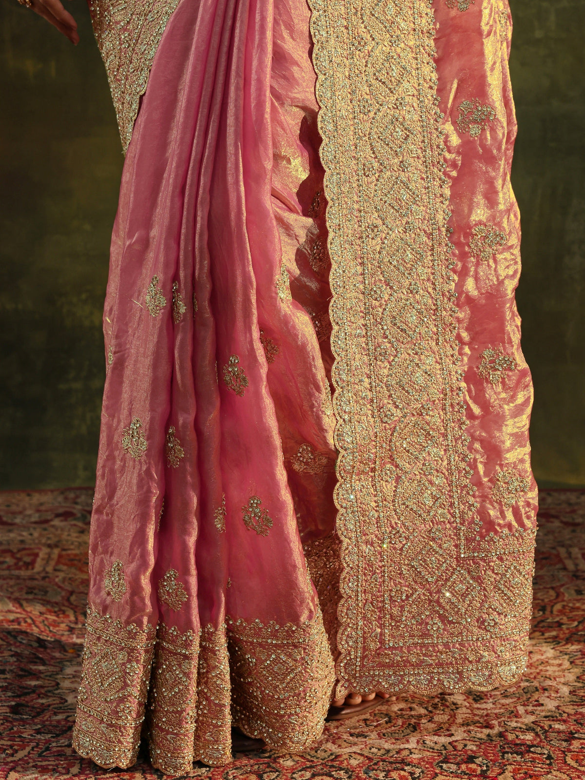 Anouk Art Peach Embellished Tissue Saree With Unstitched Blouse Piece