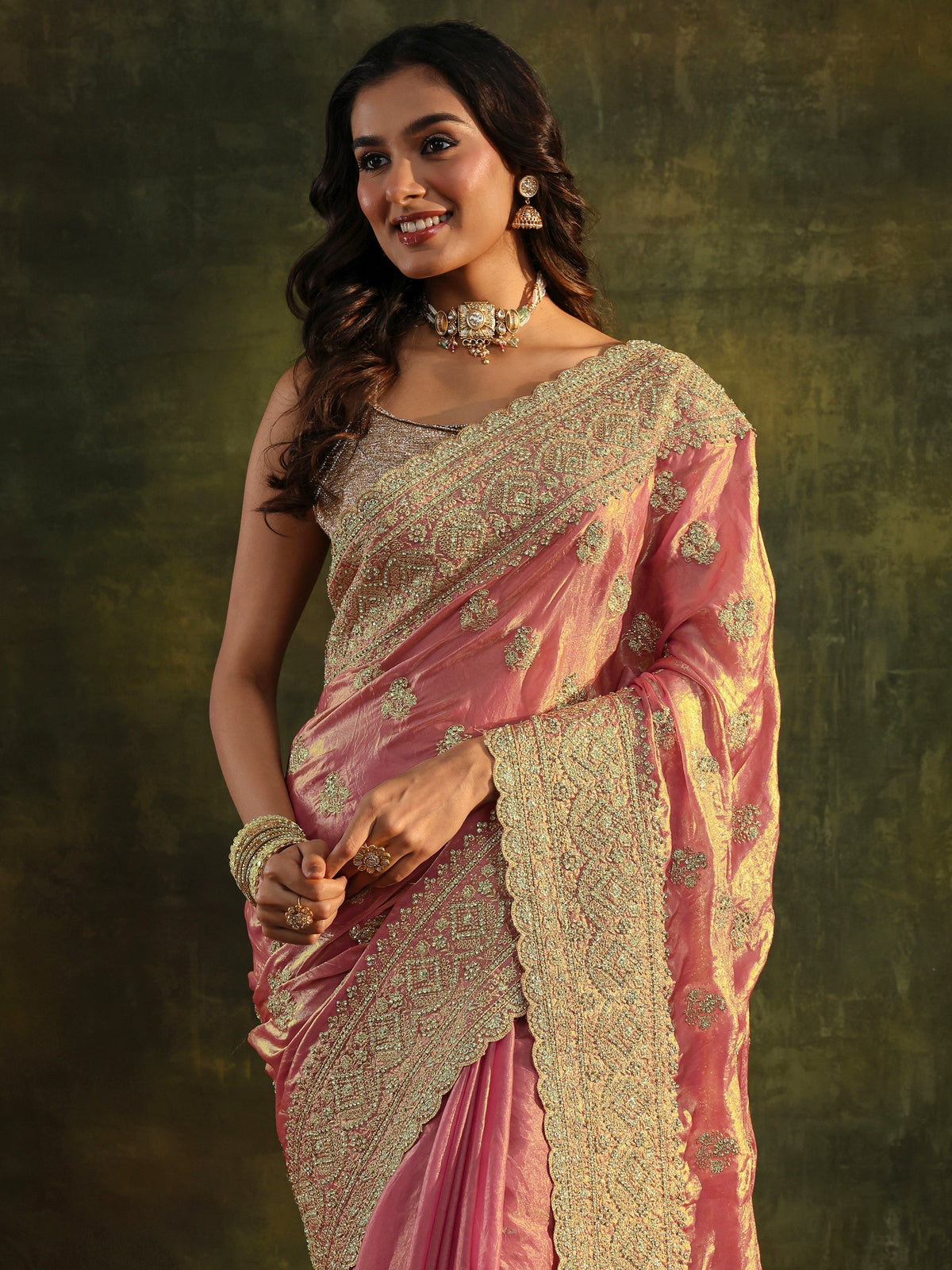 Anouk Art Peach Embellished Tissue Saree With Unstitched Blouse Piece