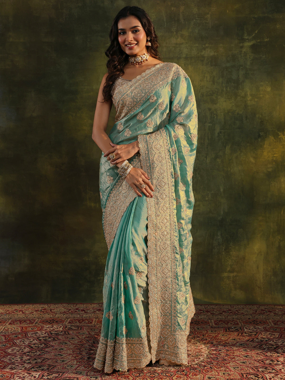Anouk Art Blue Embellished Tissue Saree With Unstitched Blouse Piece