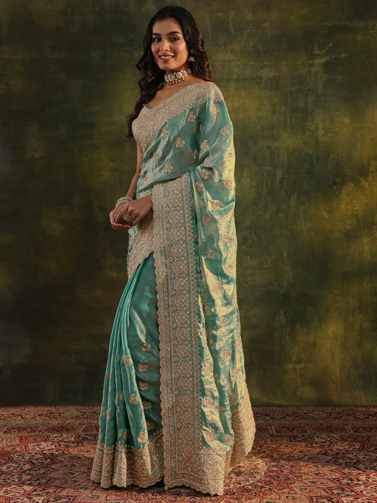 Anouk Art Blue Embellished Tissue Saree With Unstitched Blouse Piece