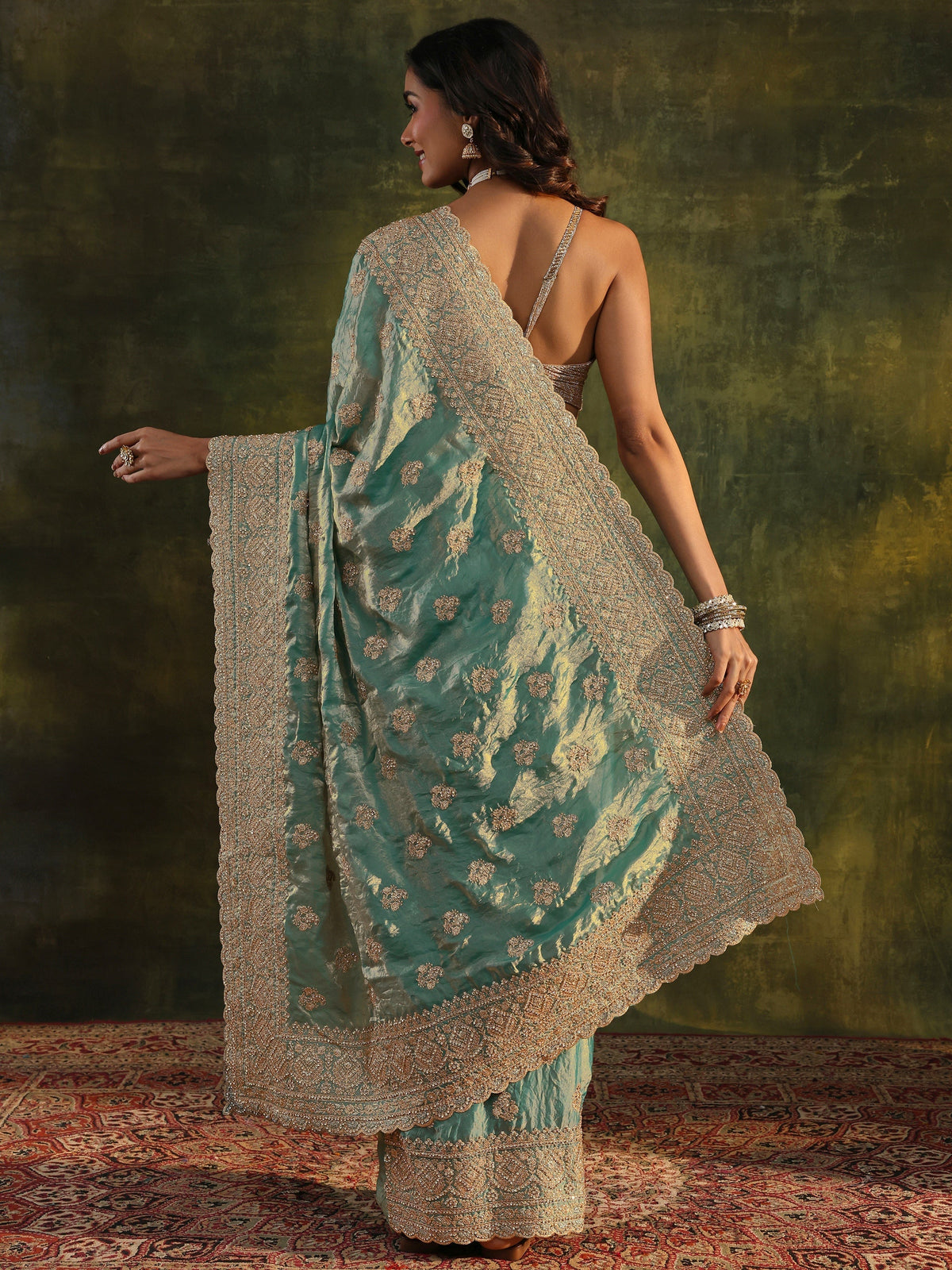 Anouk Art Blue Embellished Tissue Saree With Unstitched Blouse Piece