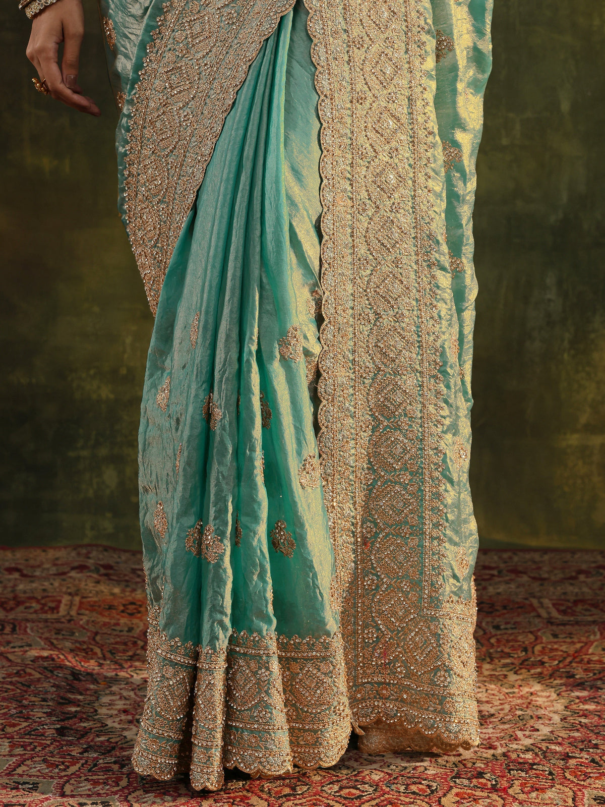 Anouk Art Blue Embellished Tissue Saree With Unstitched Blouse Piece