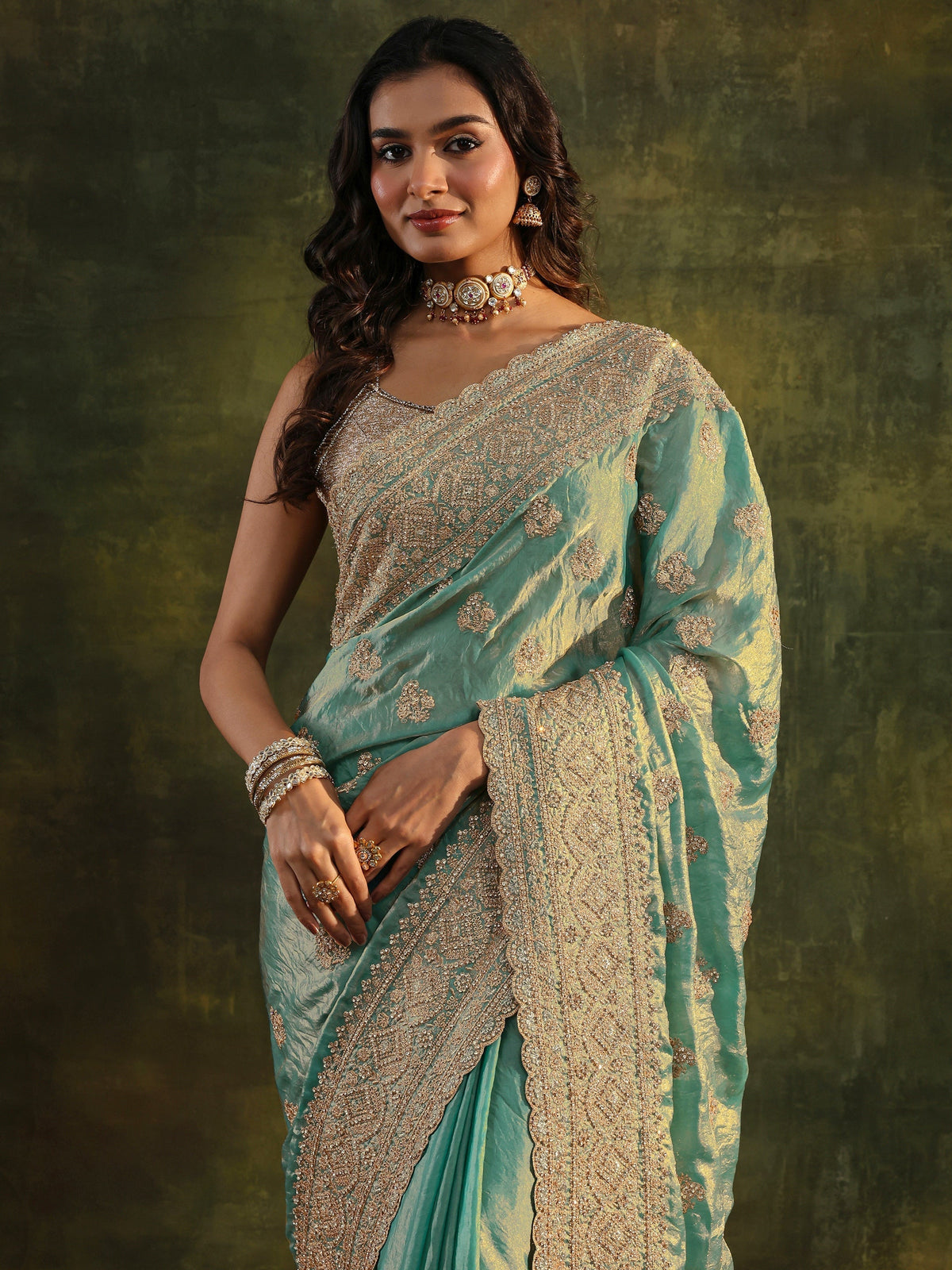 Anouk Art Blue Embellished Tissue Saree With Unstitched Blouse Piece