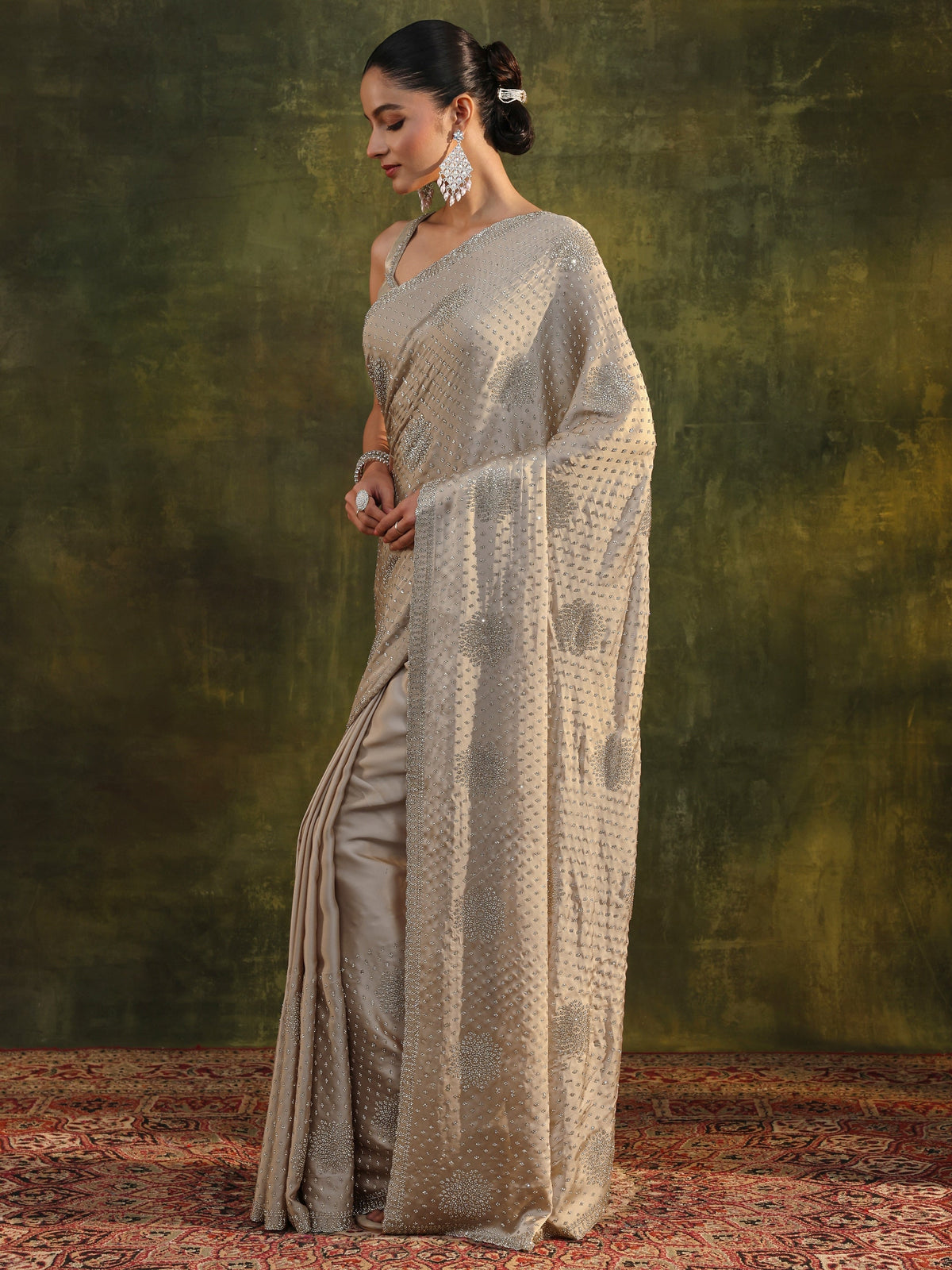 Anouk Art Ivory Embellished Satin Saree With Unstitched Blouse Piece