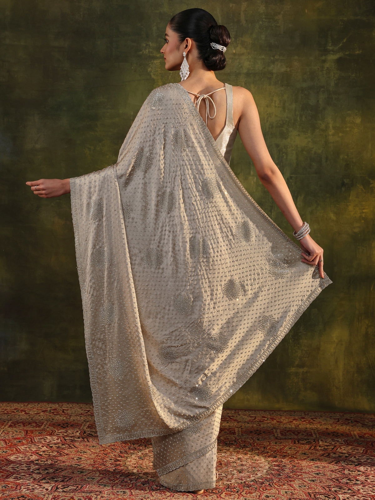 Anouk Art Ivory Embellished Satin Saree With Unstitched Blouse Piece
