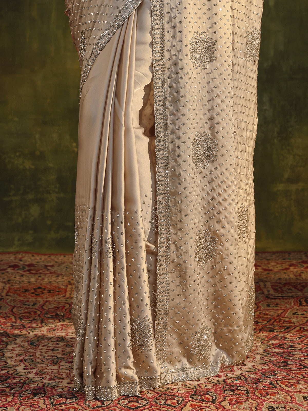 Anouk Art Ivory Embellished Satin Saree With Unstitched Blouse Piece
