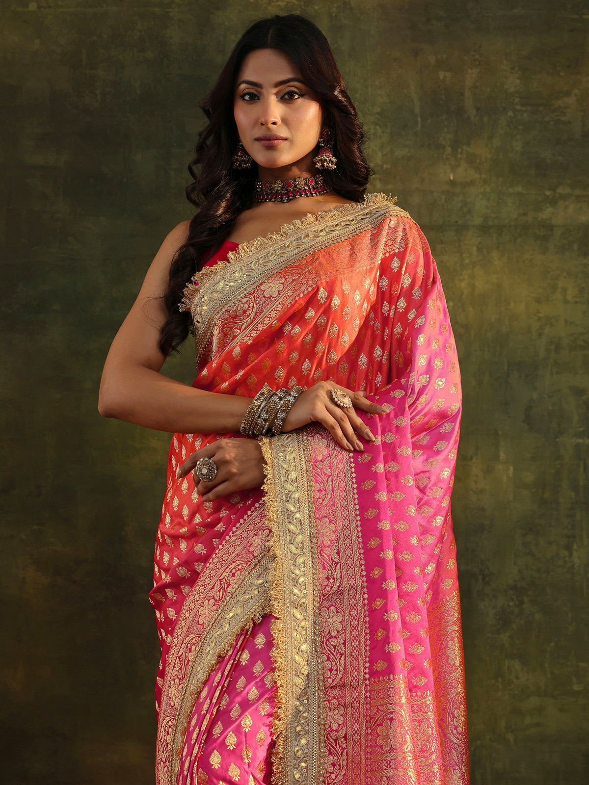 Anouk Art Pink Banarasi Silk Blend Saree With Unstitched Blouse Piece