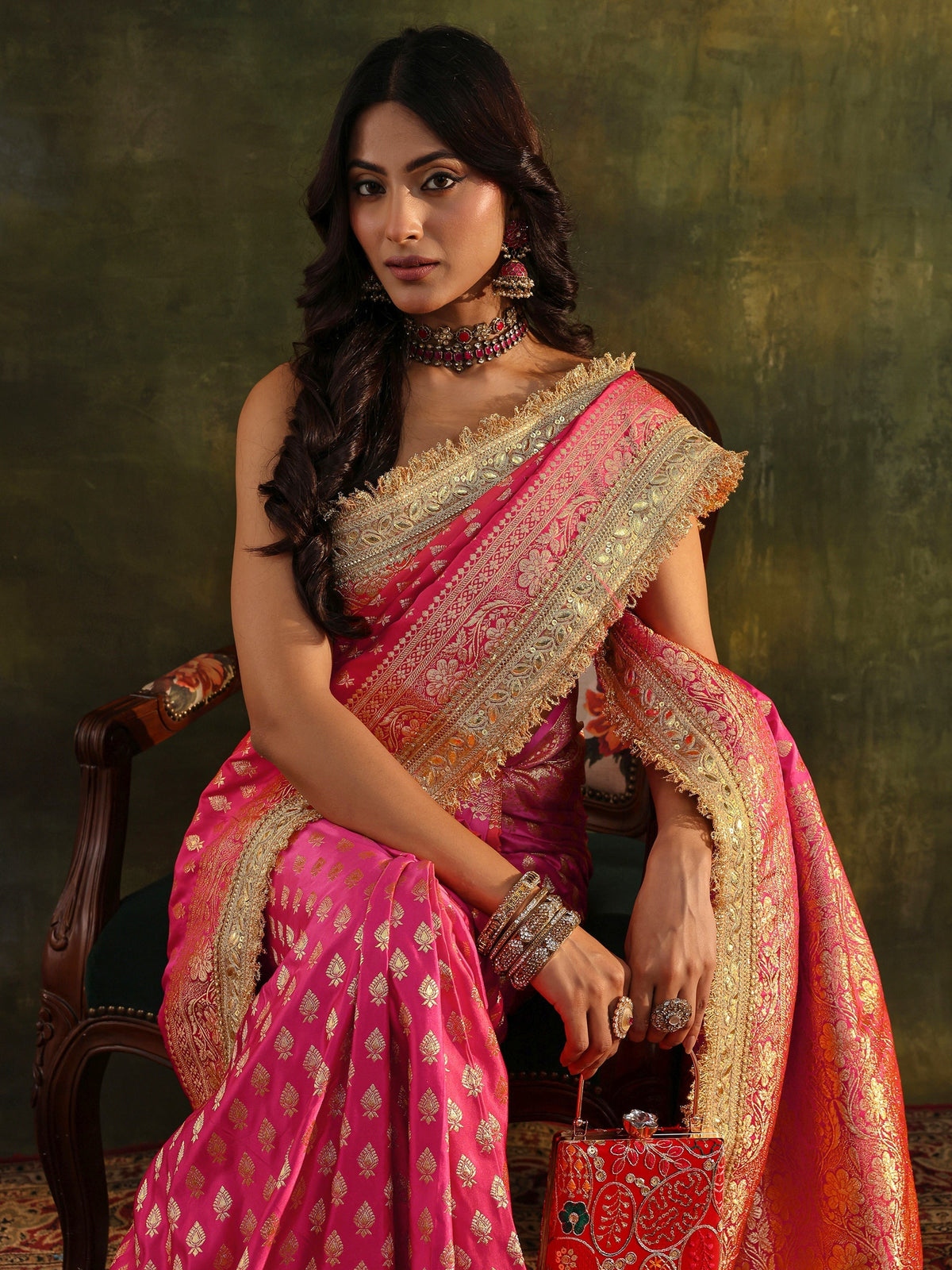 Anouk Art Pink Banarasi Silk Blend Saree With Unstitched Blouse Piece