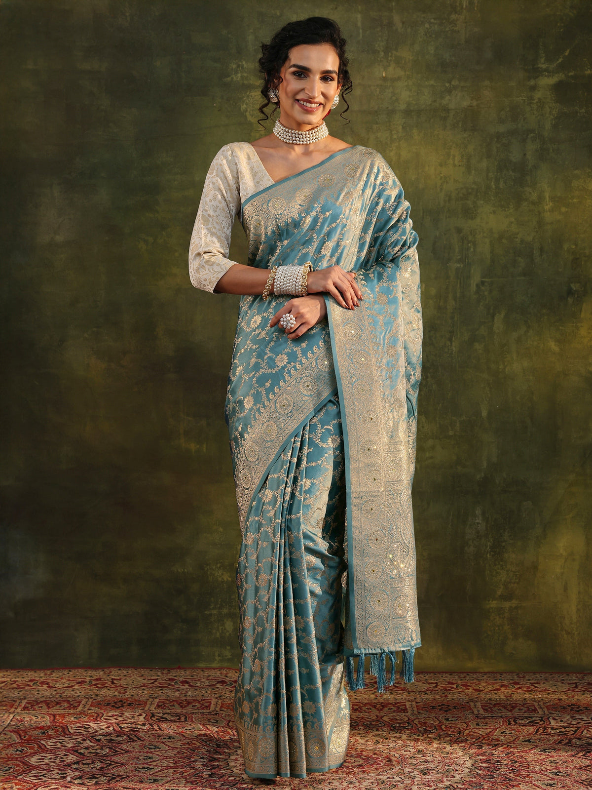 Anouk Blue Woven Design Satin Banarasi Saree With Unstitched Blouse Piece