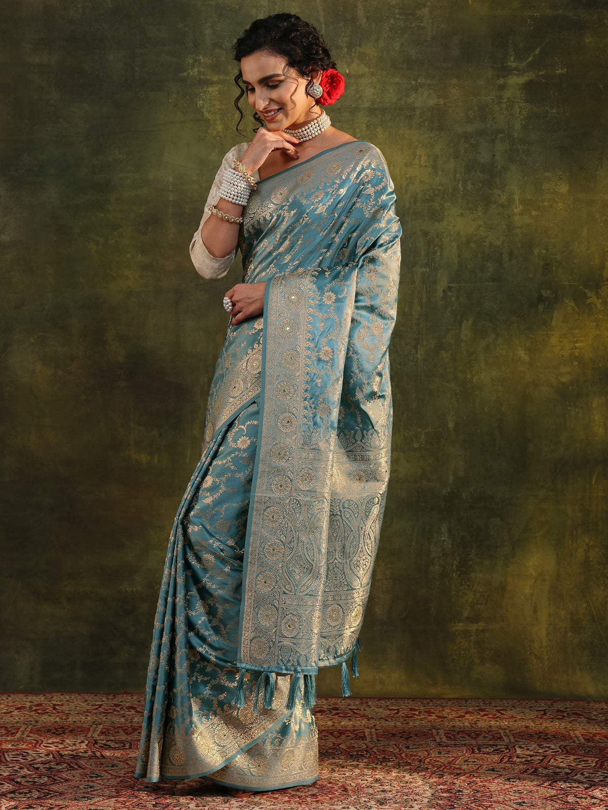 Anouk Blue Woven Design Satin Banarasi Saree With Unstitched Blouse Piece