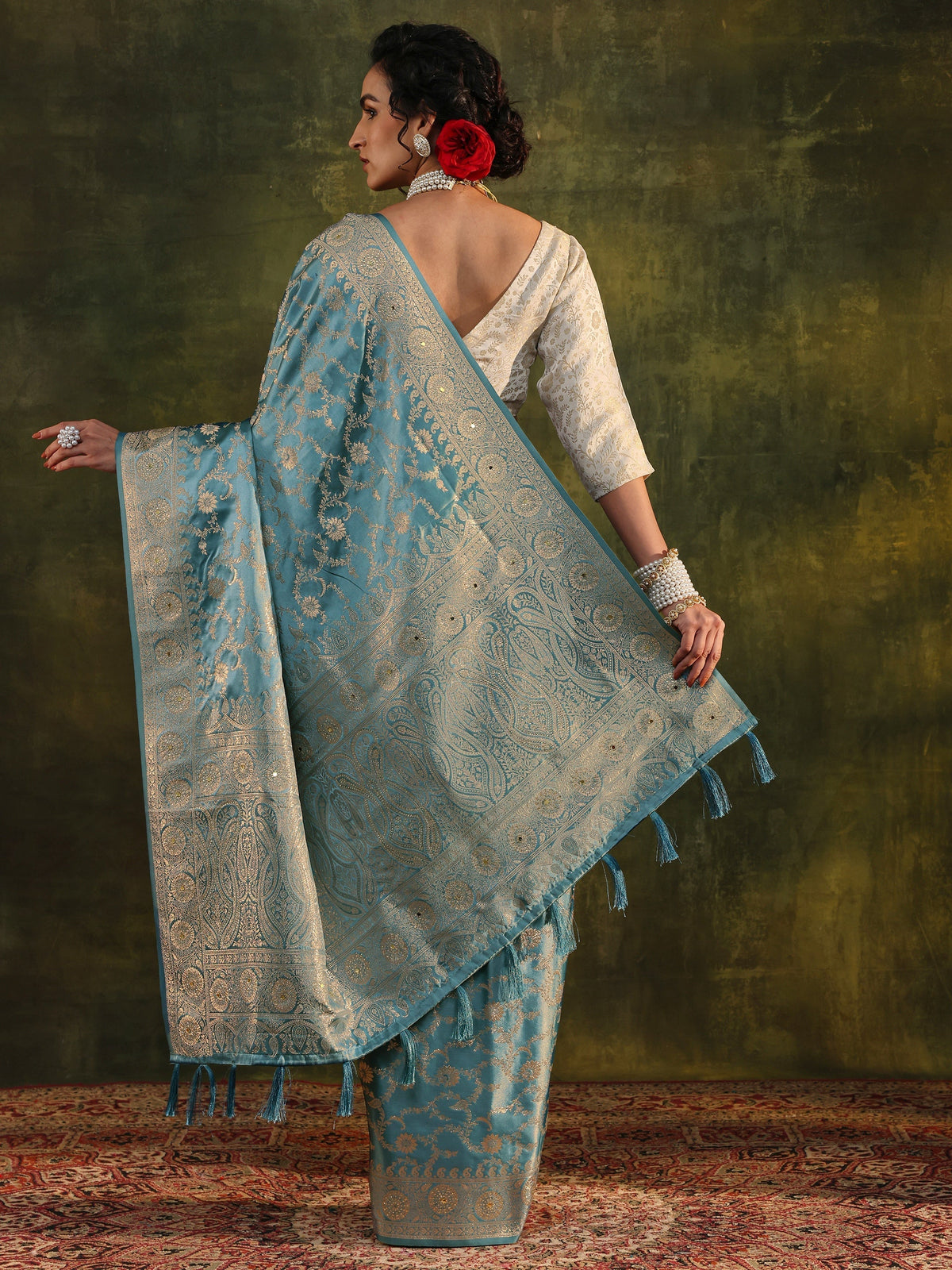 Anouk Blue Woven Design Satin Banarasi Saree With Unstitched Blouse Piece