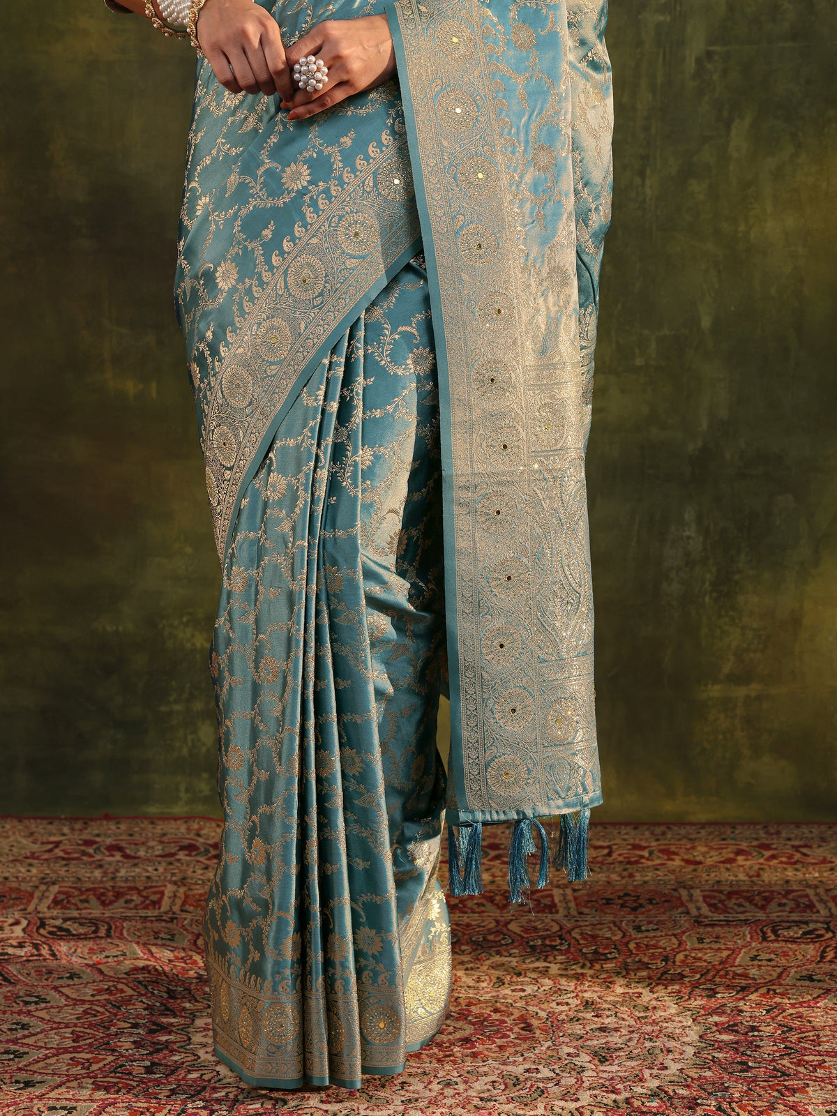 Anouk Blue Woven Design Satin Banarasi Saree With Unstitched Blouse Piece